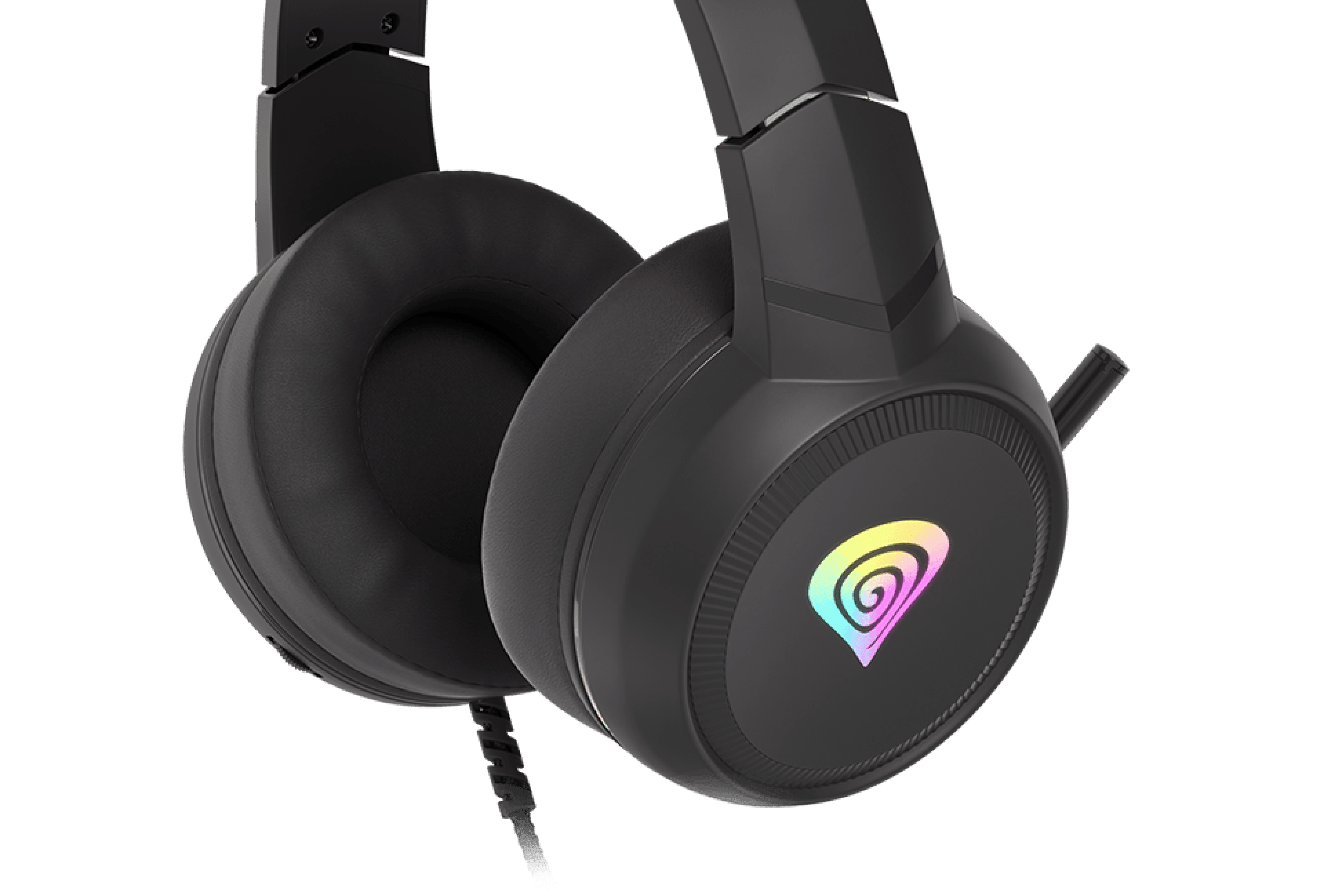 Headphones with padded ear cups and a colorful logo on the side.