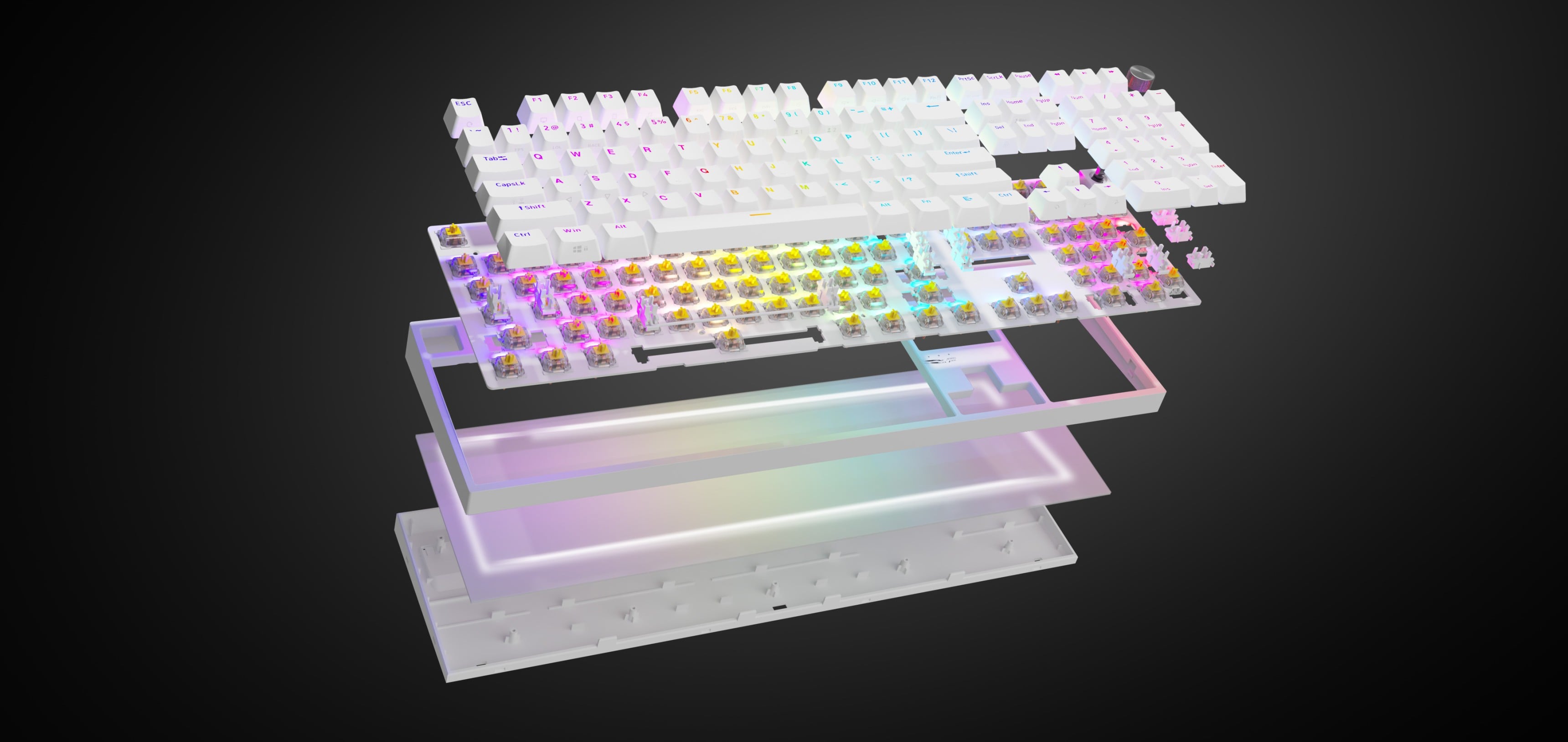 Mechanical gaming keyboard with RGB lighting, featuring white Gateron Yellow Pro switches and a transparent layered design