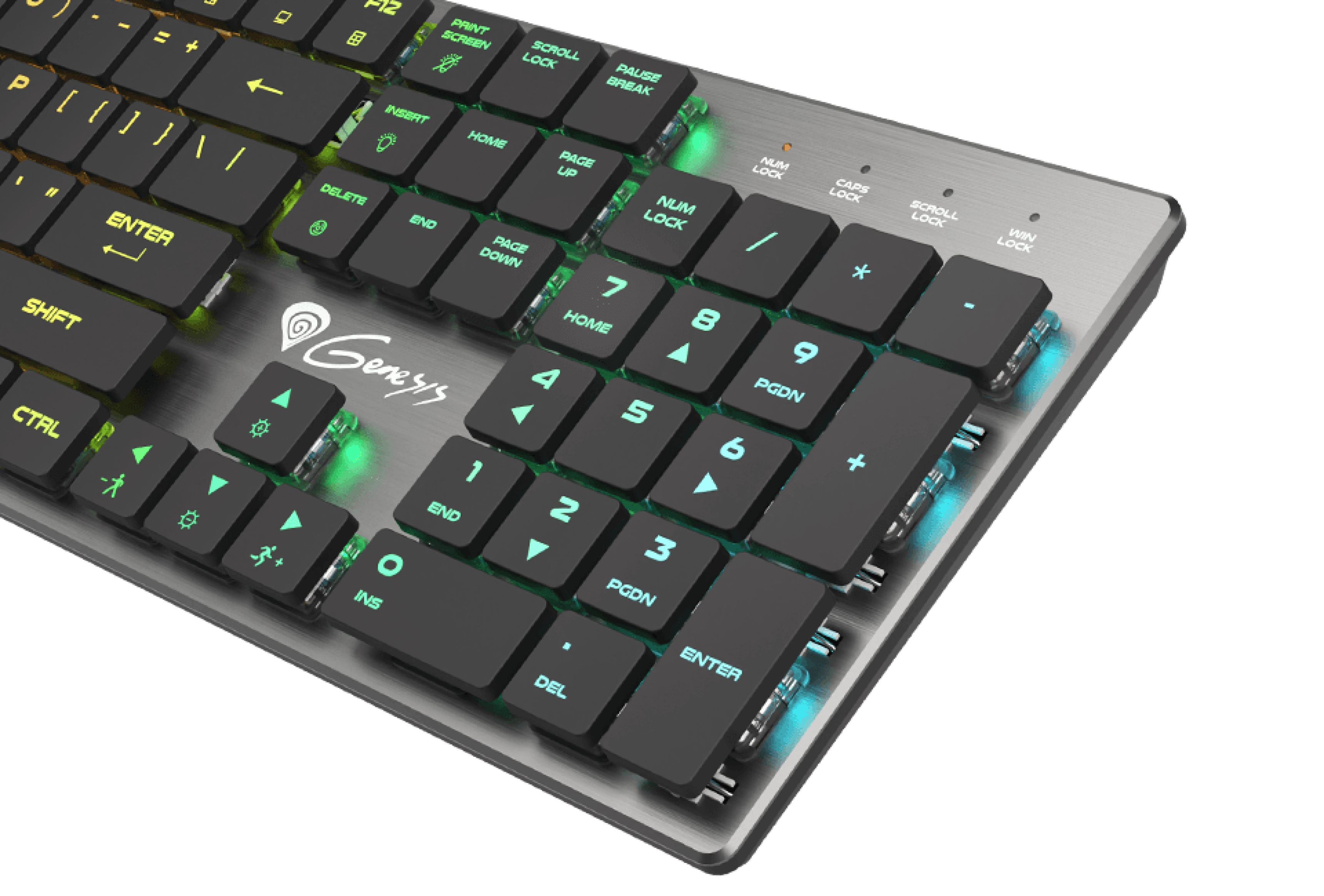 Compact gaming keyboard with RGB lighting and blue mechanical switches. Features customizable backlit keys and a sleek design