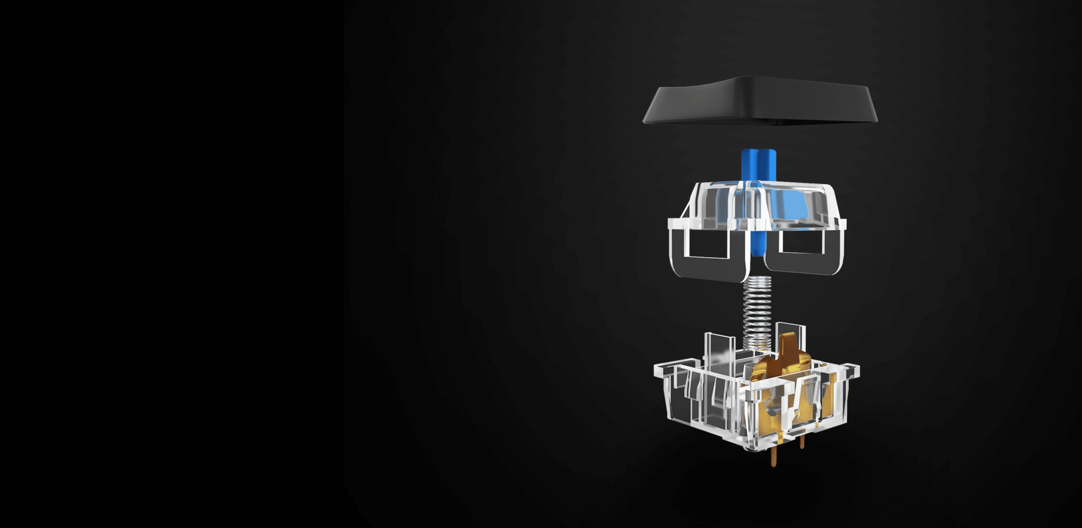 Exploded view of a mechanical switch with keycap, stem, spring, and transparent housing.
