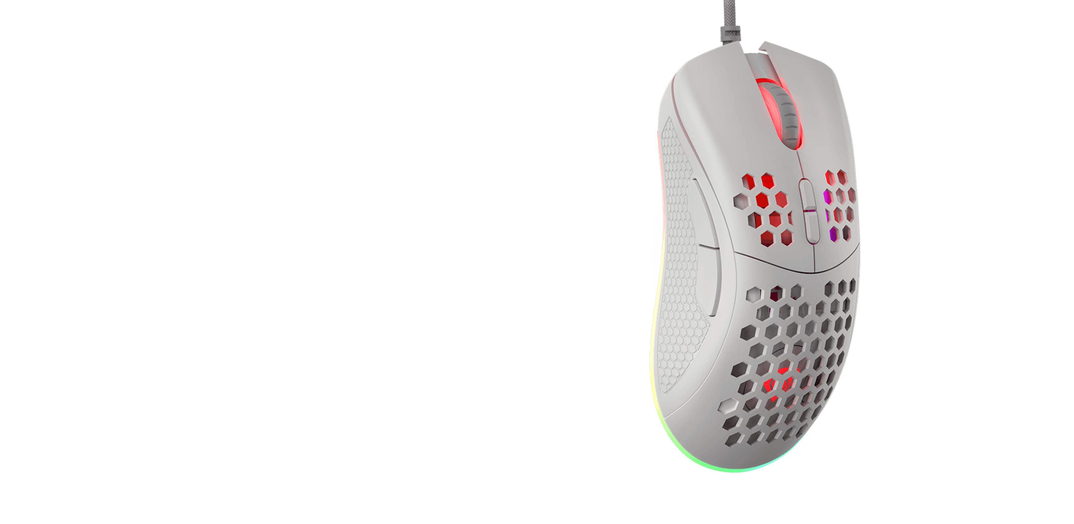 Gaming mouse with a perforated design and multiple glowing lights in various colors.
