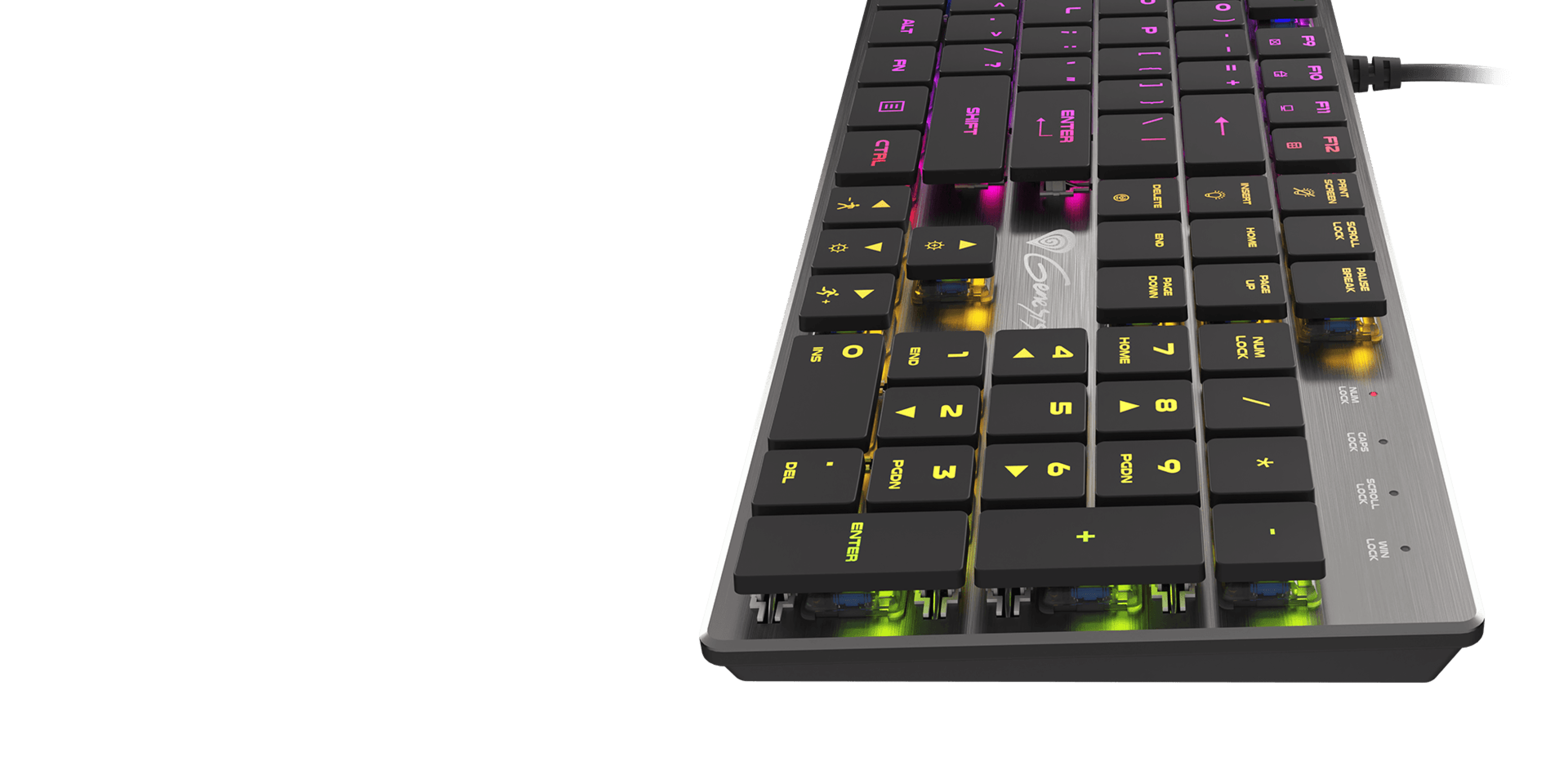 Mechanical gaming keyboard with RGB backlighting, featuring slim design and blue switches. Keys illuminated in various colors