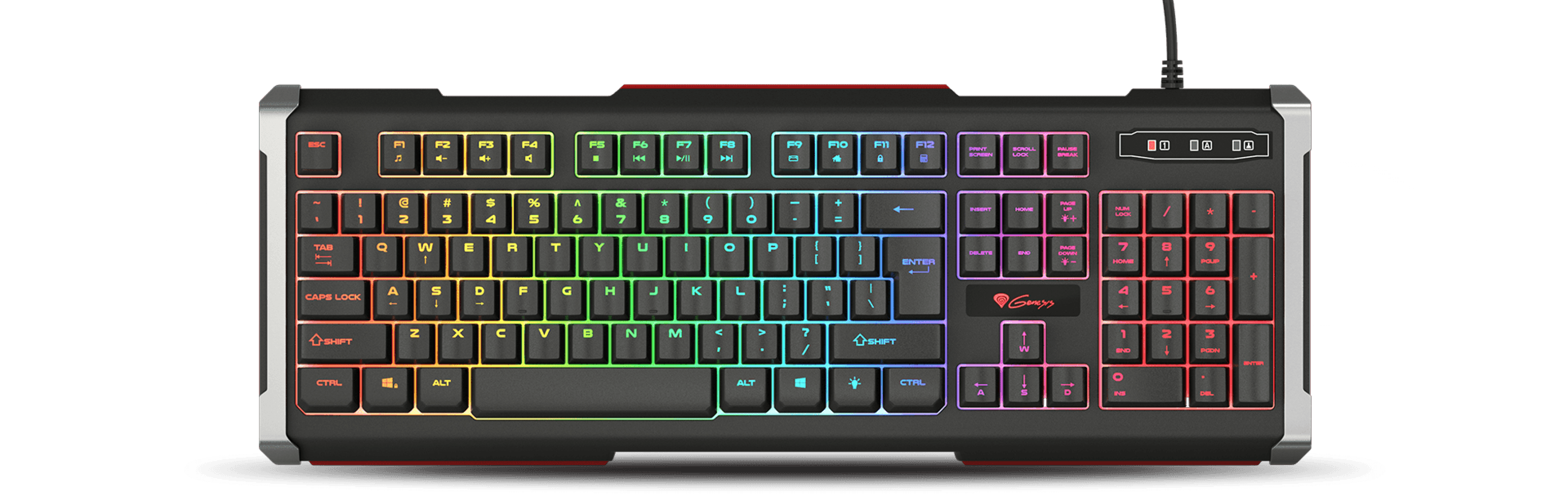 Keyboard with illuminated keys in a gradient of colors and a connection cable.