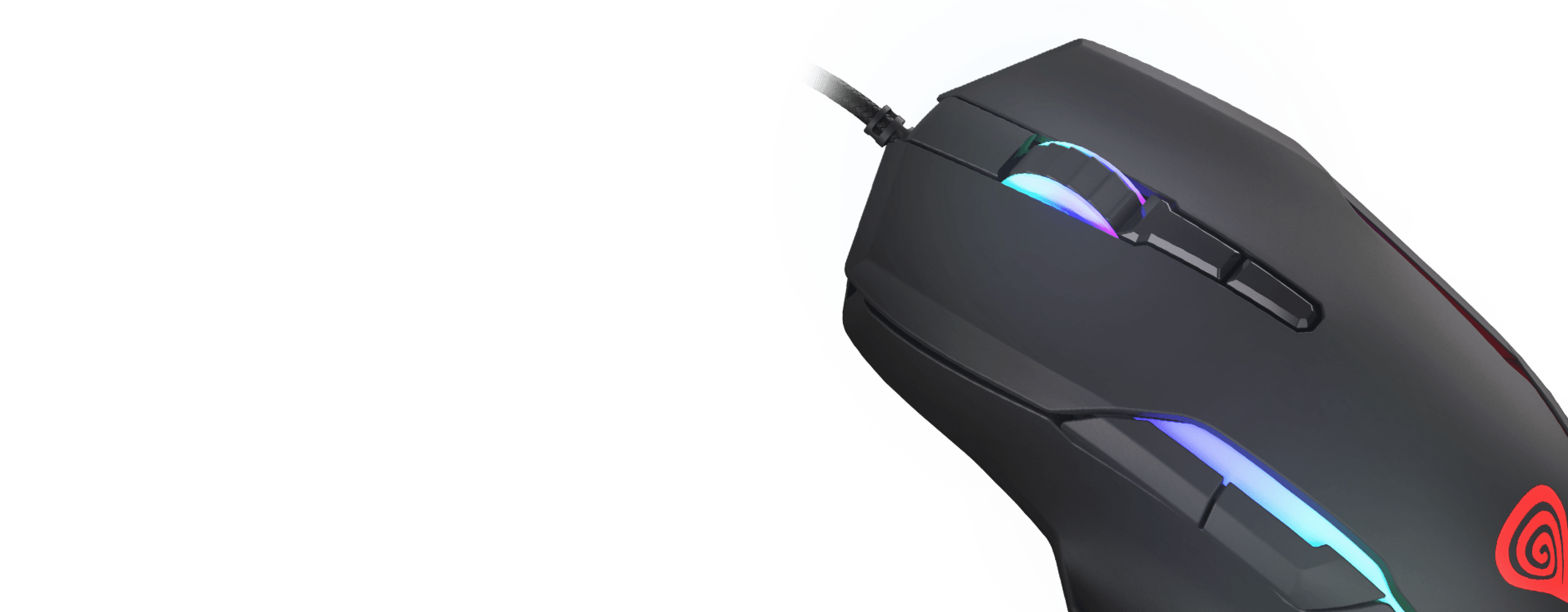Black gaming mouse with RGB lighting, silent clicks, and a DPI of 12800, designed for gamers