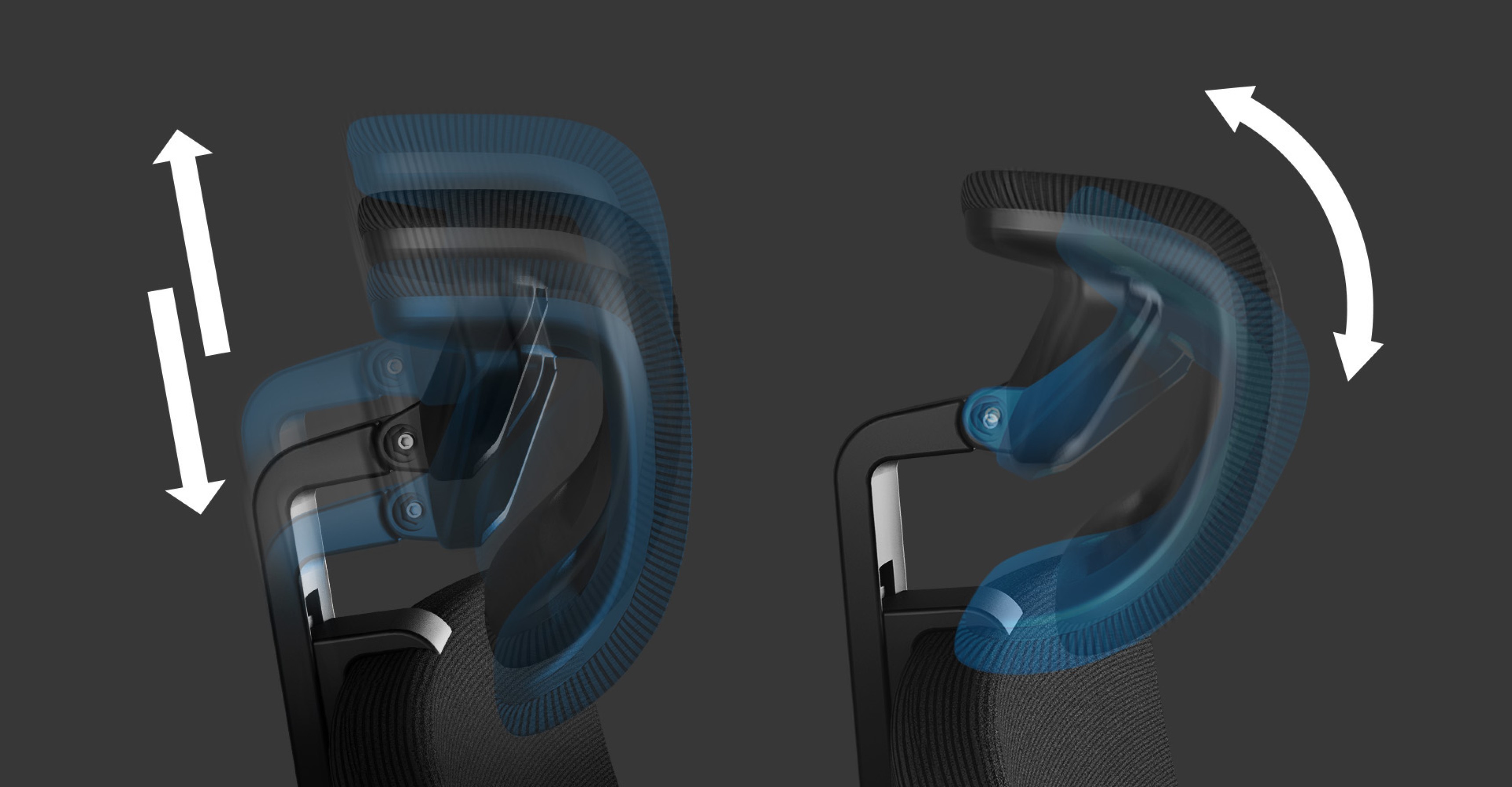 Illustration showing the adjustable features of the Genesis Astat 200 G2 ergonomic chair, highlighting motion in the backrest and headrest
