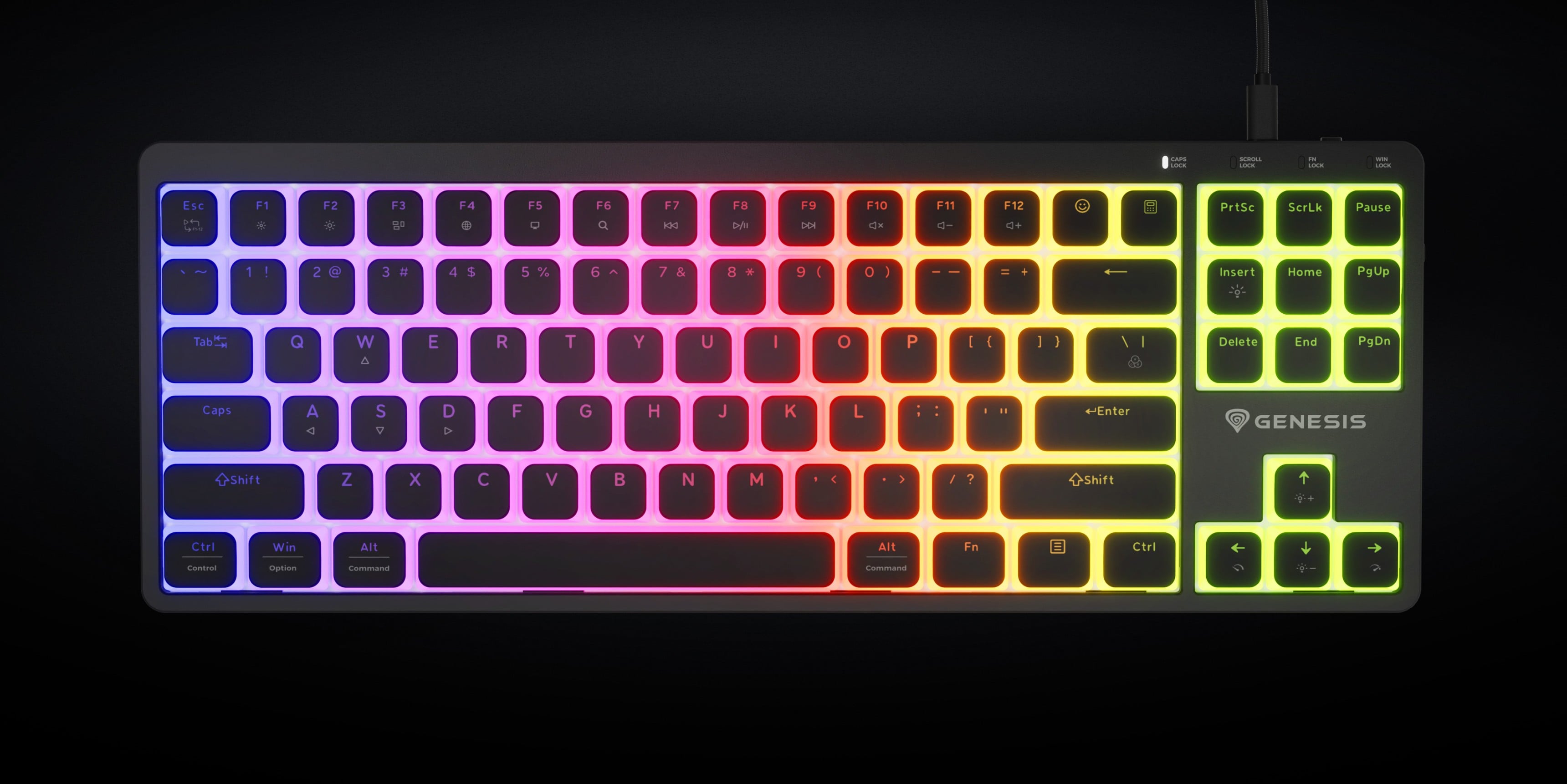 Keyboard with colorful backlighting in a gradient pattern and a connection cable.