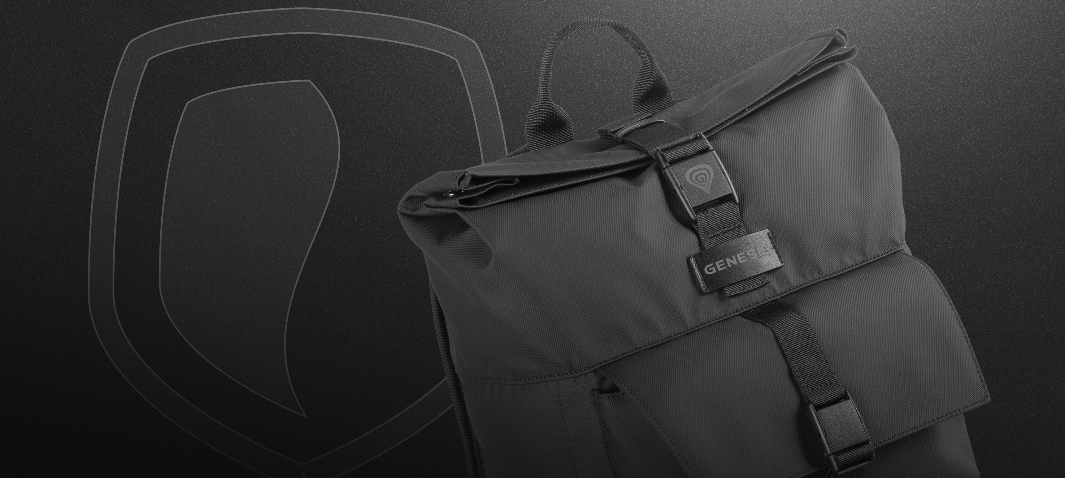 Black backpack with a roll-top design and a sturdy buckle closure.