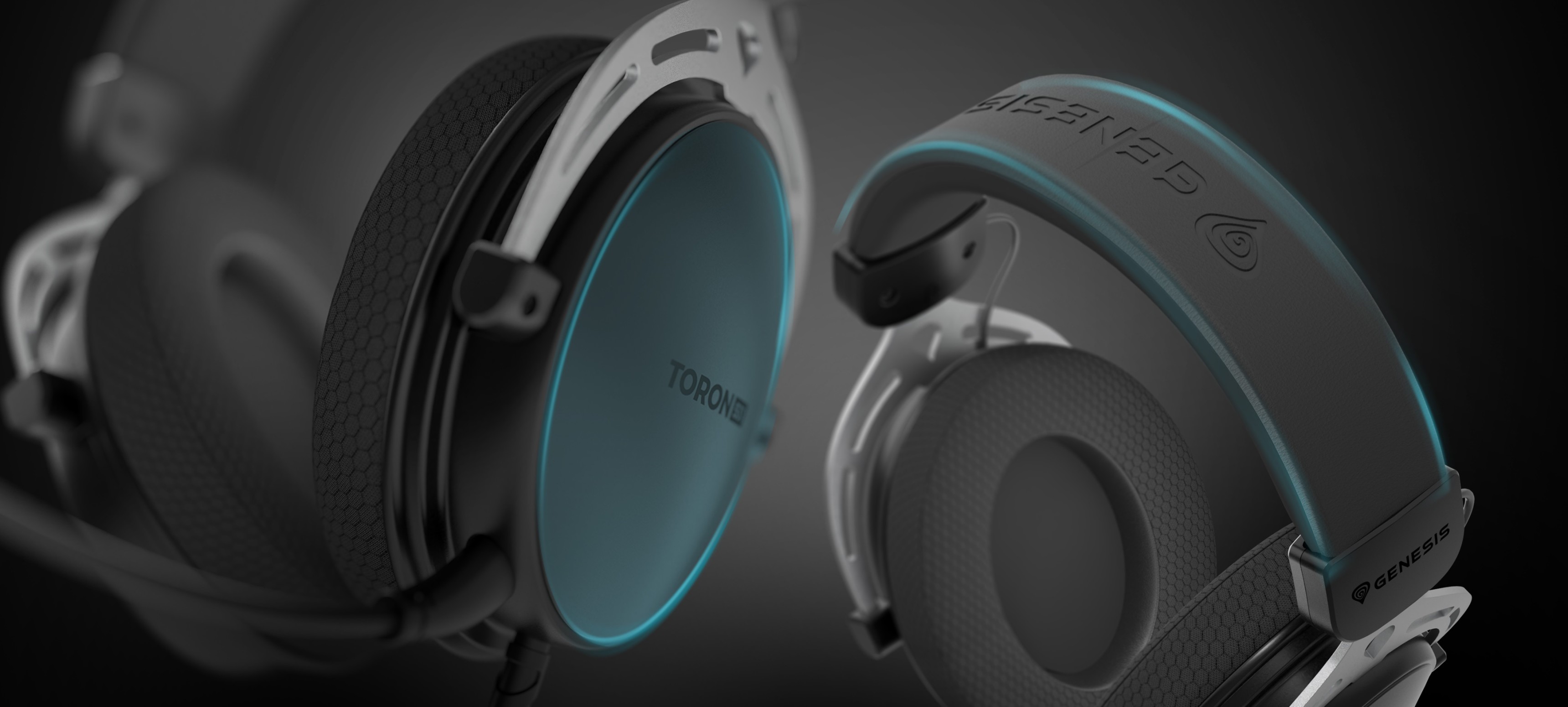 Black Genesis Toron 531 over-ear headphones with a microphone and illuminated accents. Features a comfortable design for extended use