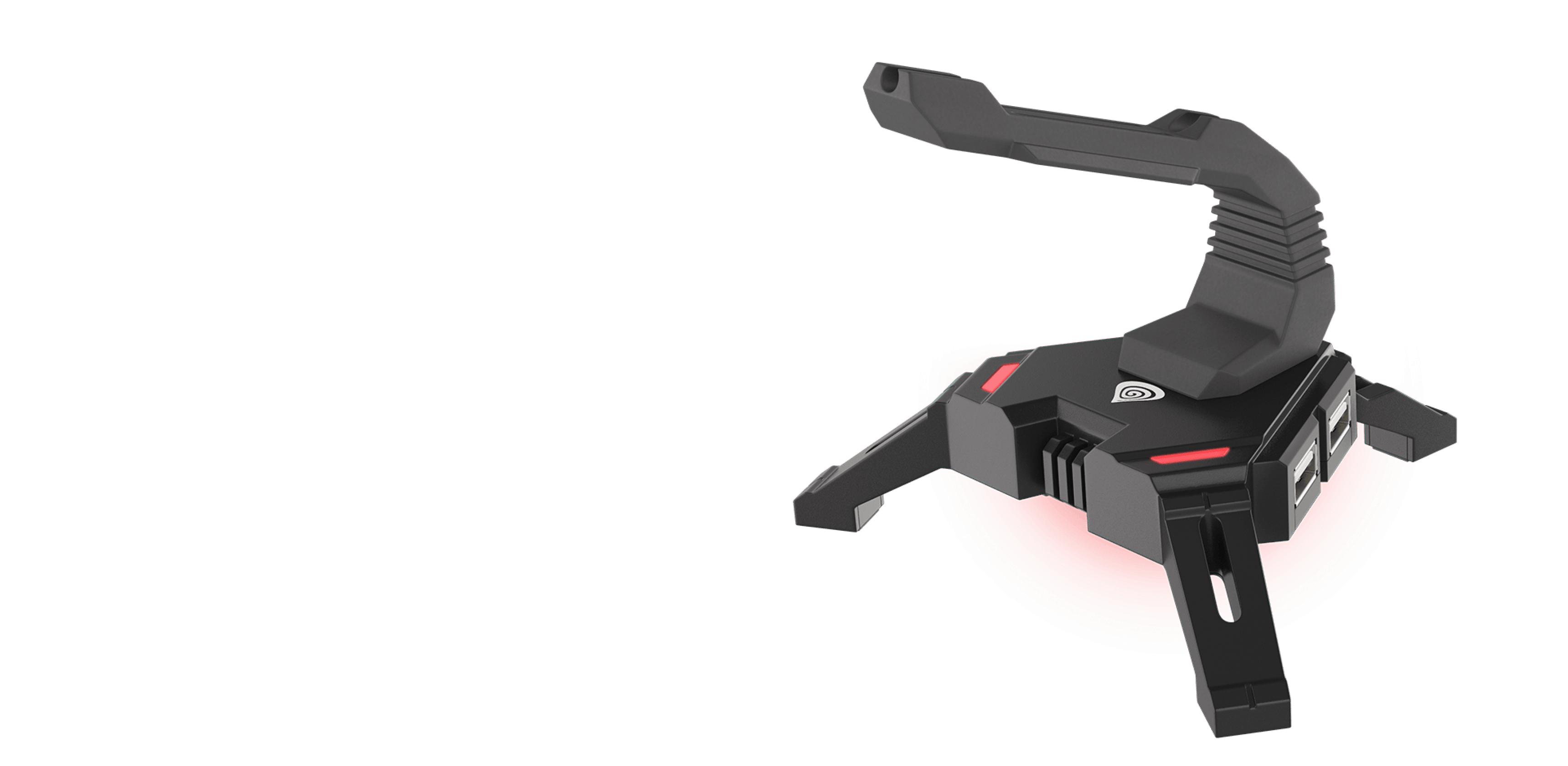 Mouse bungee with USB hub featuring a flexible cable holder and a sleek black design with red accents