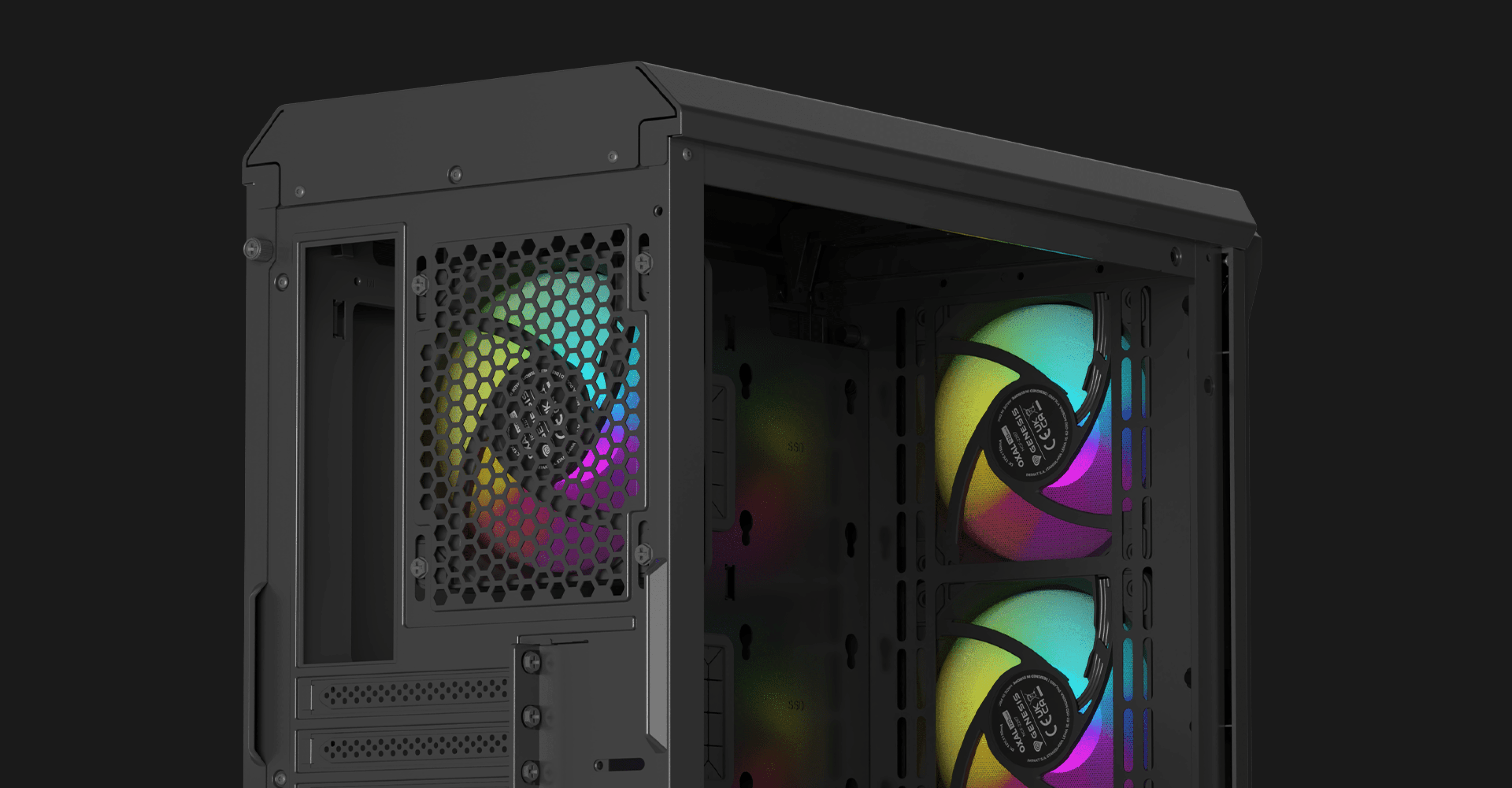 Black MATX mini tower case with a side window, featuring RGB fans inside for vibrant lighting