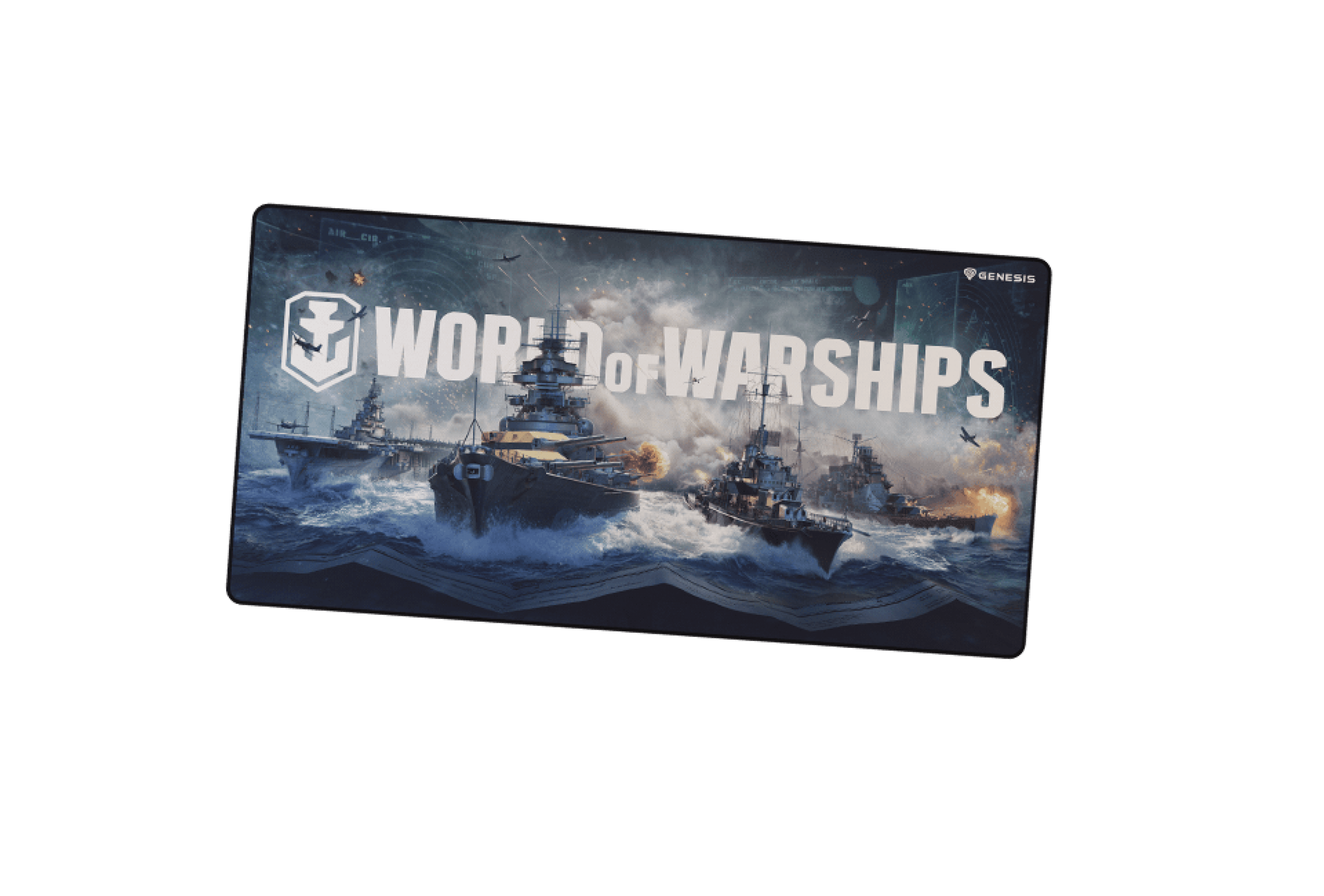 Large gaming mouse pad featuring an ocean battle scene with warships, branded with "World of Warships." Dimensions: 900x450mm