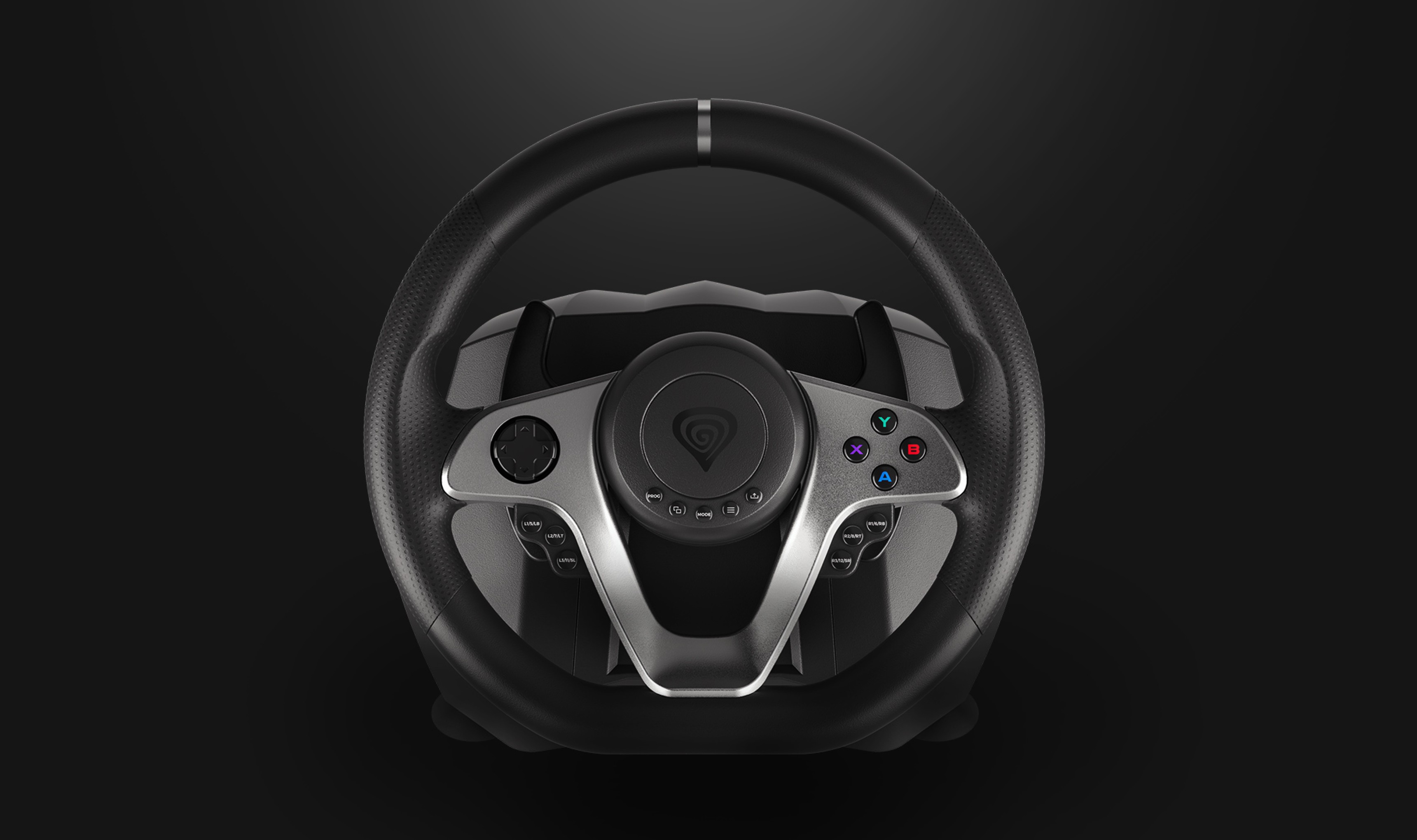 Racing wheel designed for multiple gaming platforms, featuring a sleek black and silver design with control buttons