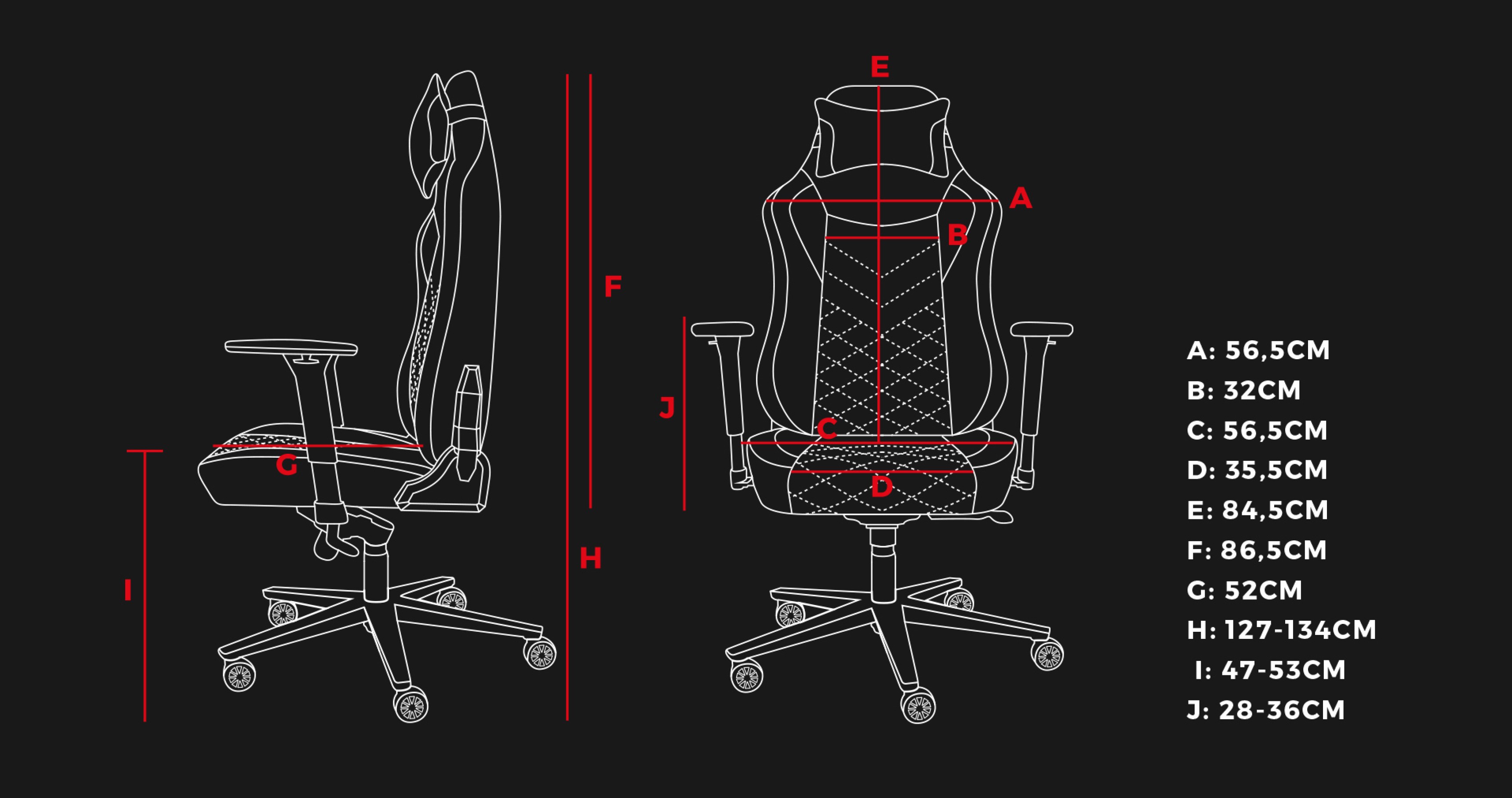 Gaming chair specifications for Genesis Nitro 890 G2 in black, including measurements for height, width, and adjustable features