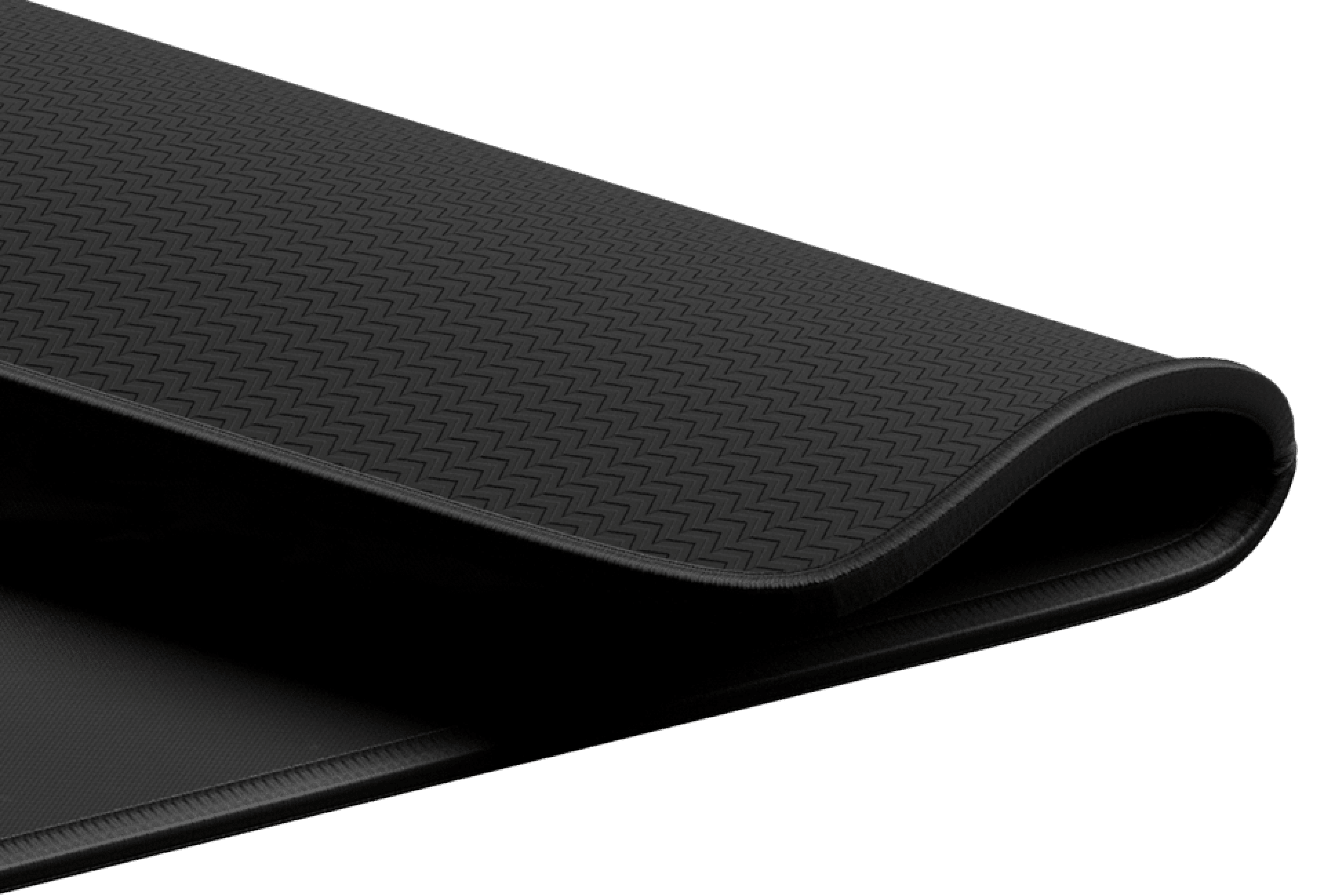 Dark textured mouse pad with a curved edge, designed for enhanced performance and stability