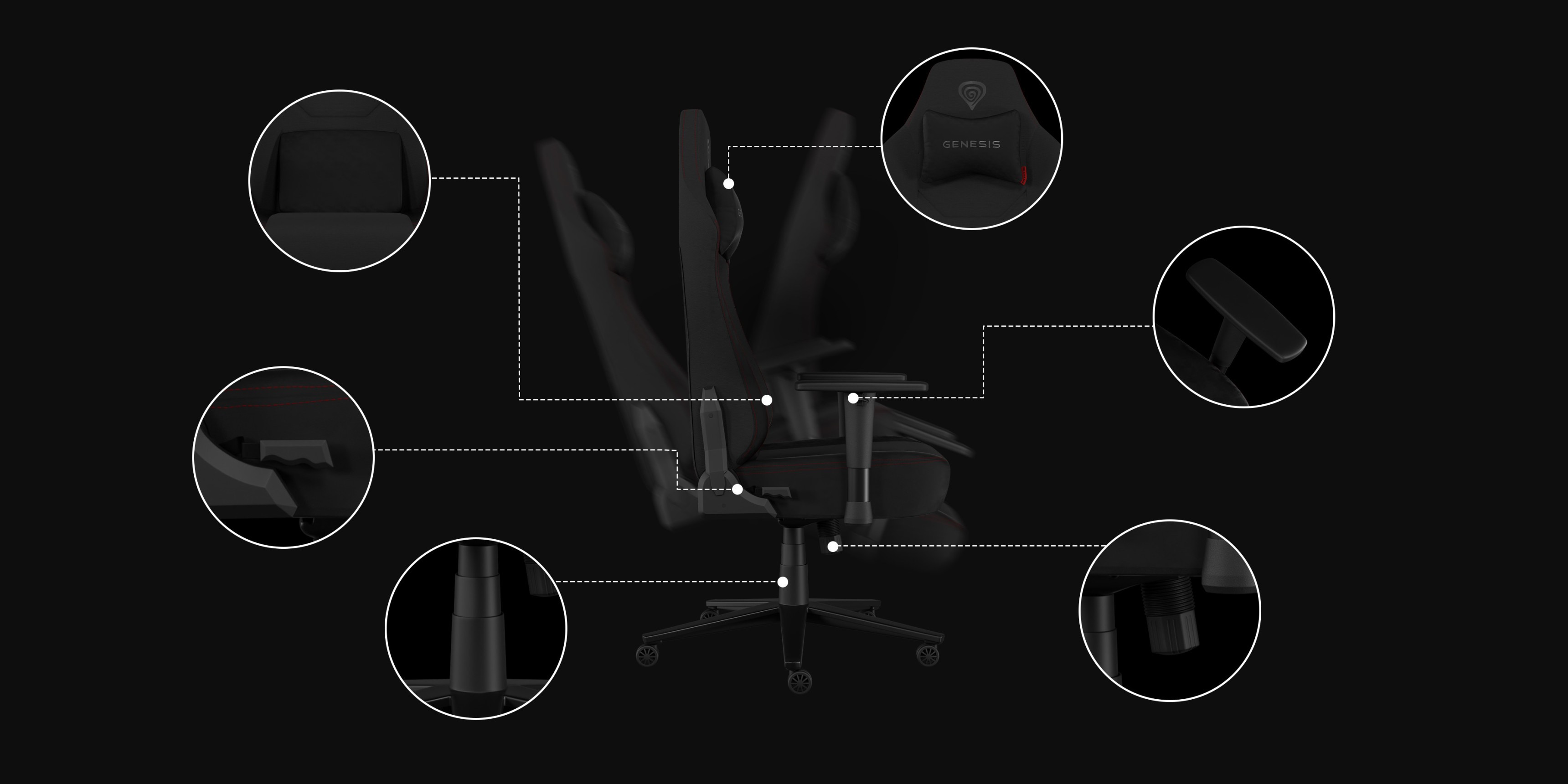 An ergonomic office chair with labeled features and adjustable components highlighted.