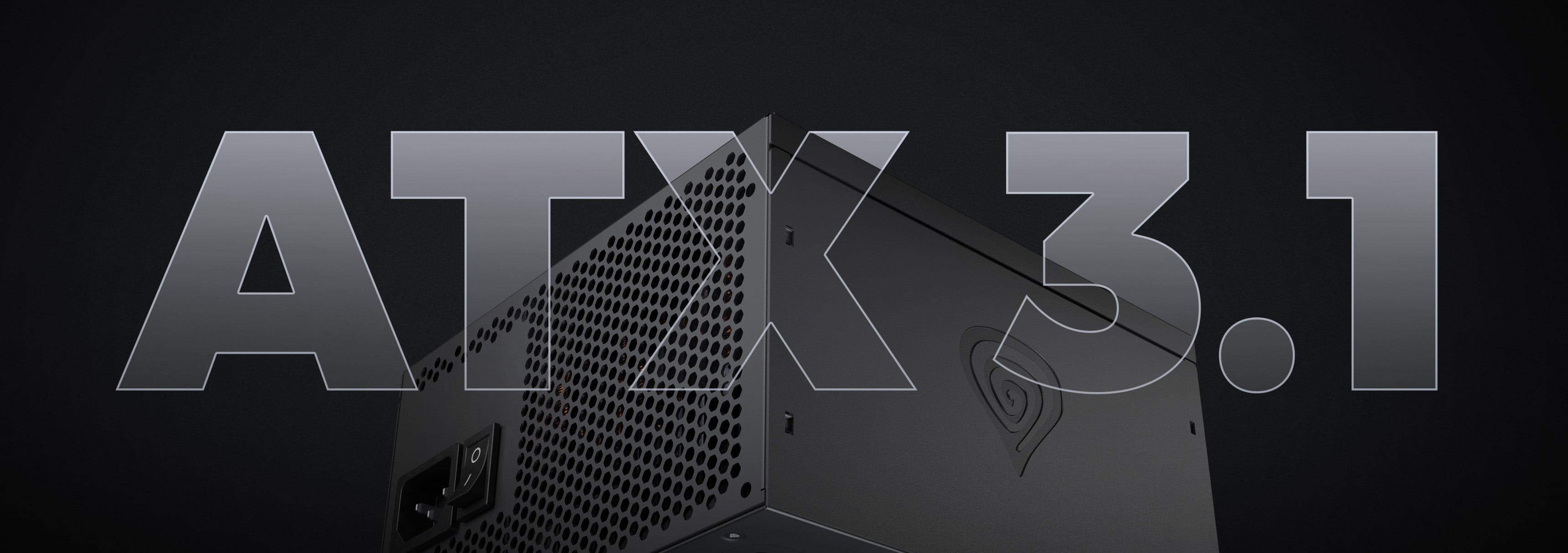 Power supply with a dark casing and ventilation grilles on the side.