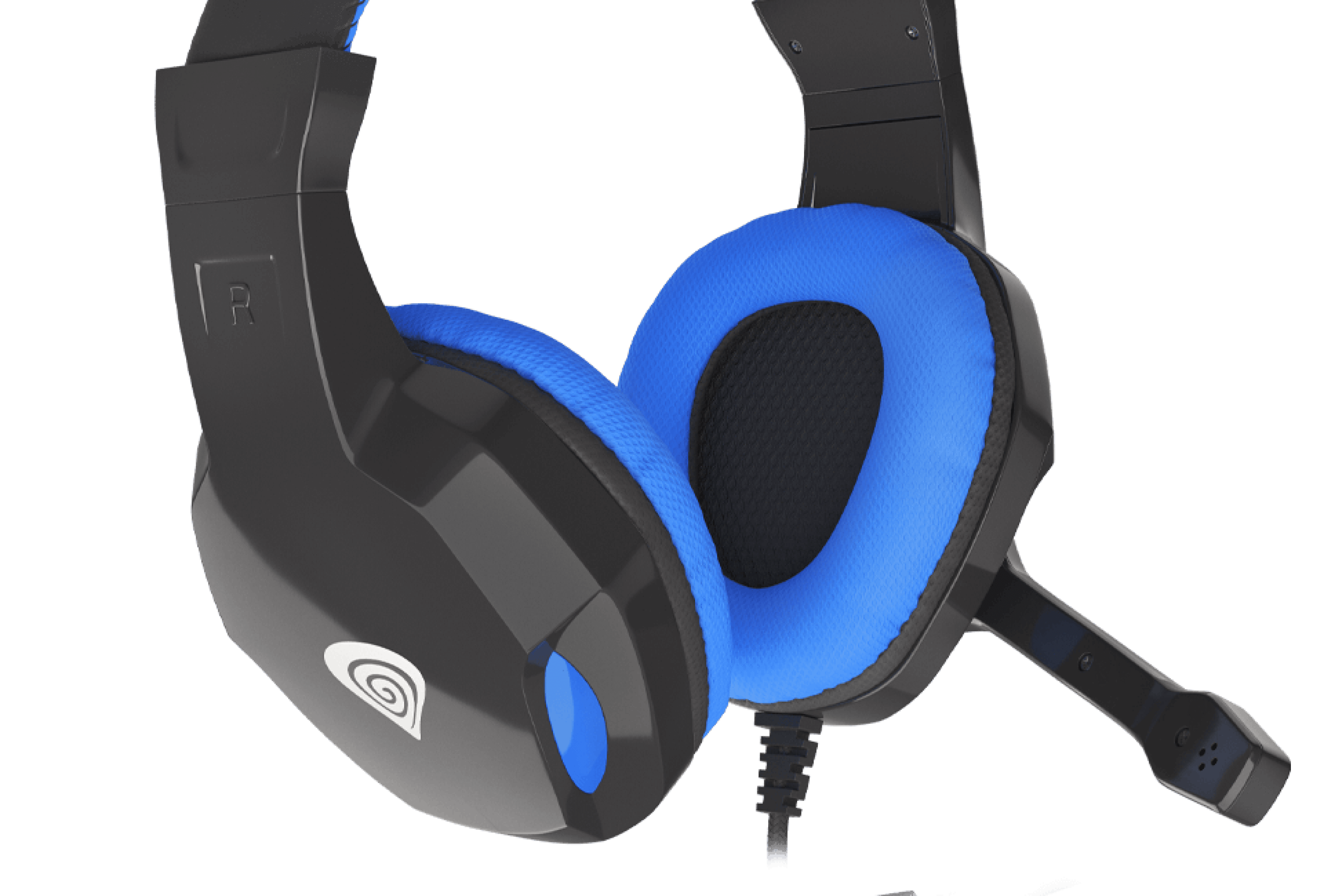 Black and blue over-ear headphones featuring padded ear cups and an adjustable microphone for clear audio communication