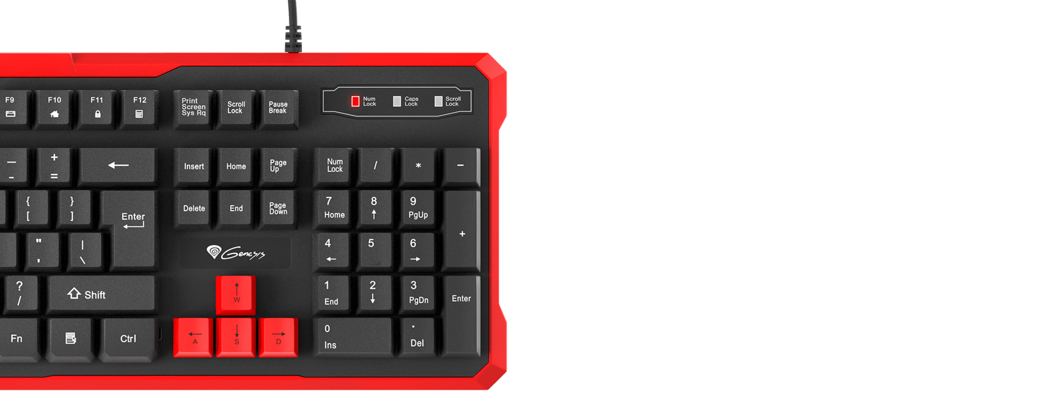 Keyboard with a black and red design featuring various keys and a connection cable.