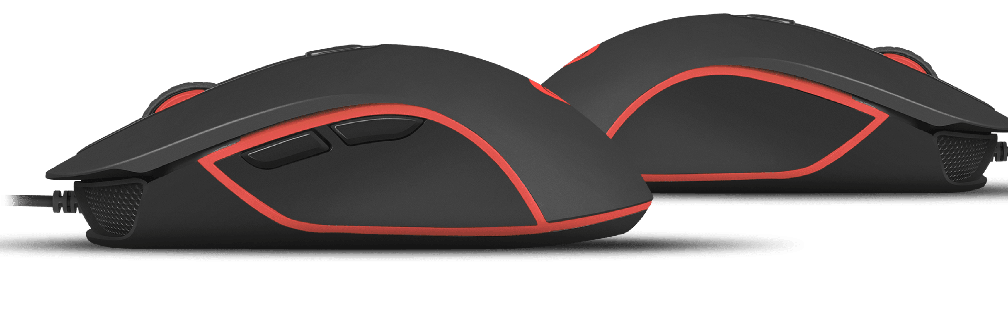 Two computer mice in black with red accents and multiple side buttons for easy navigation.