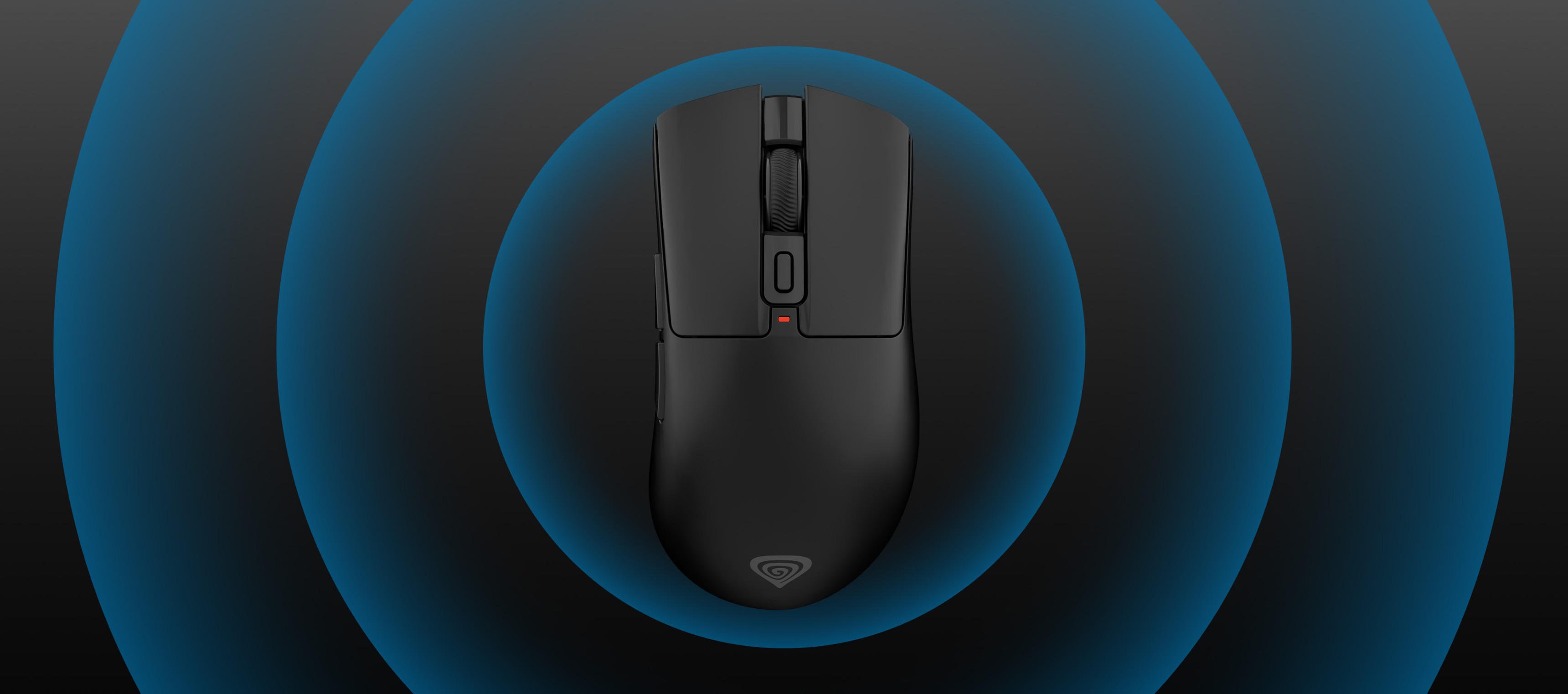 A black computer mouse with buttons and a glowing ring behind it.
