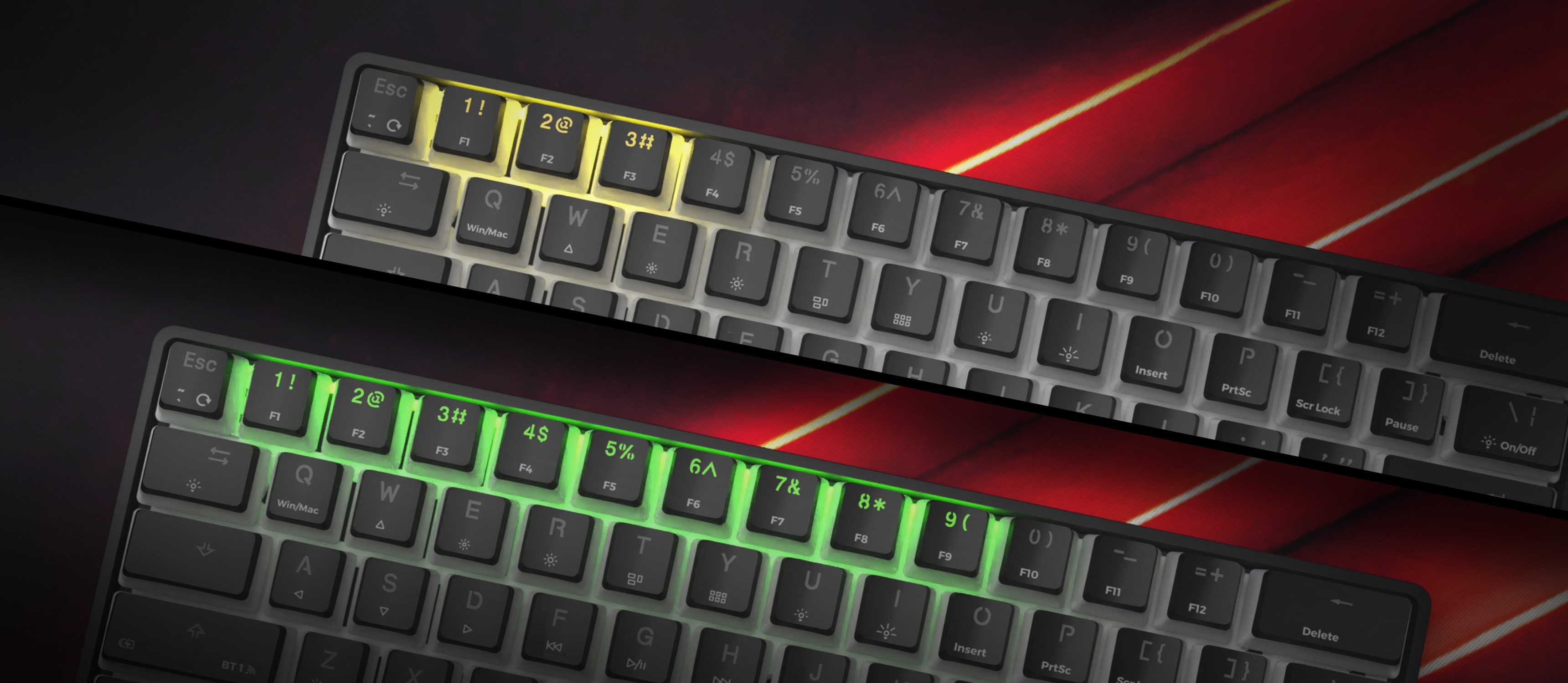 Black mechanical RGB gaming keyboard featuring Gateron Red switches, with customizable lighting effects displayed