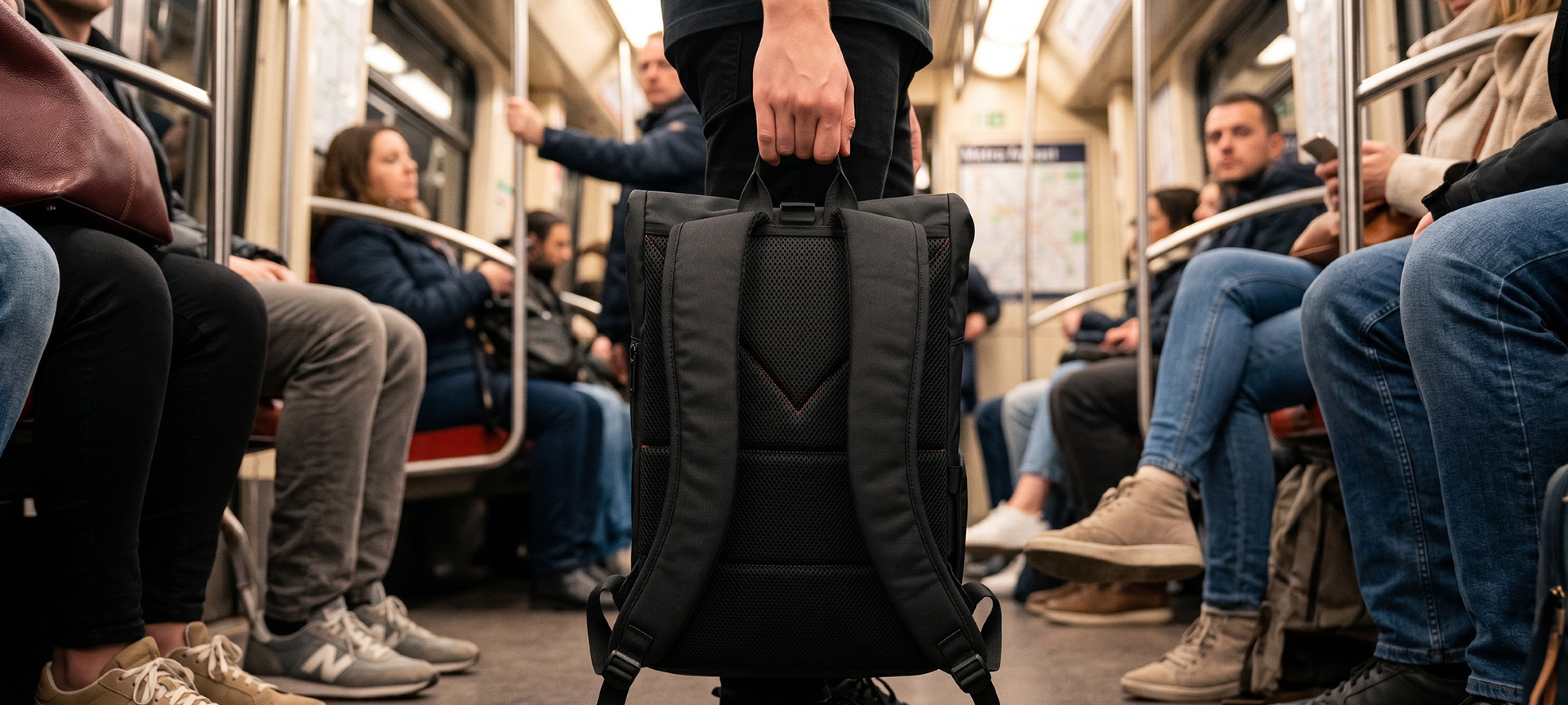 A person holds a black backpack in a crowded subway, surrounded by seated commuters.