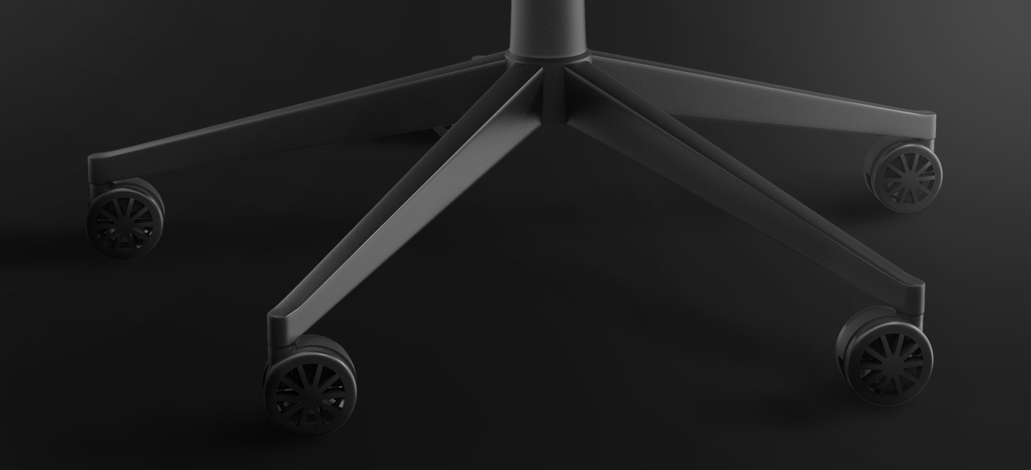 Black gaming chair base with a five-legged design and rolling casters