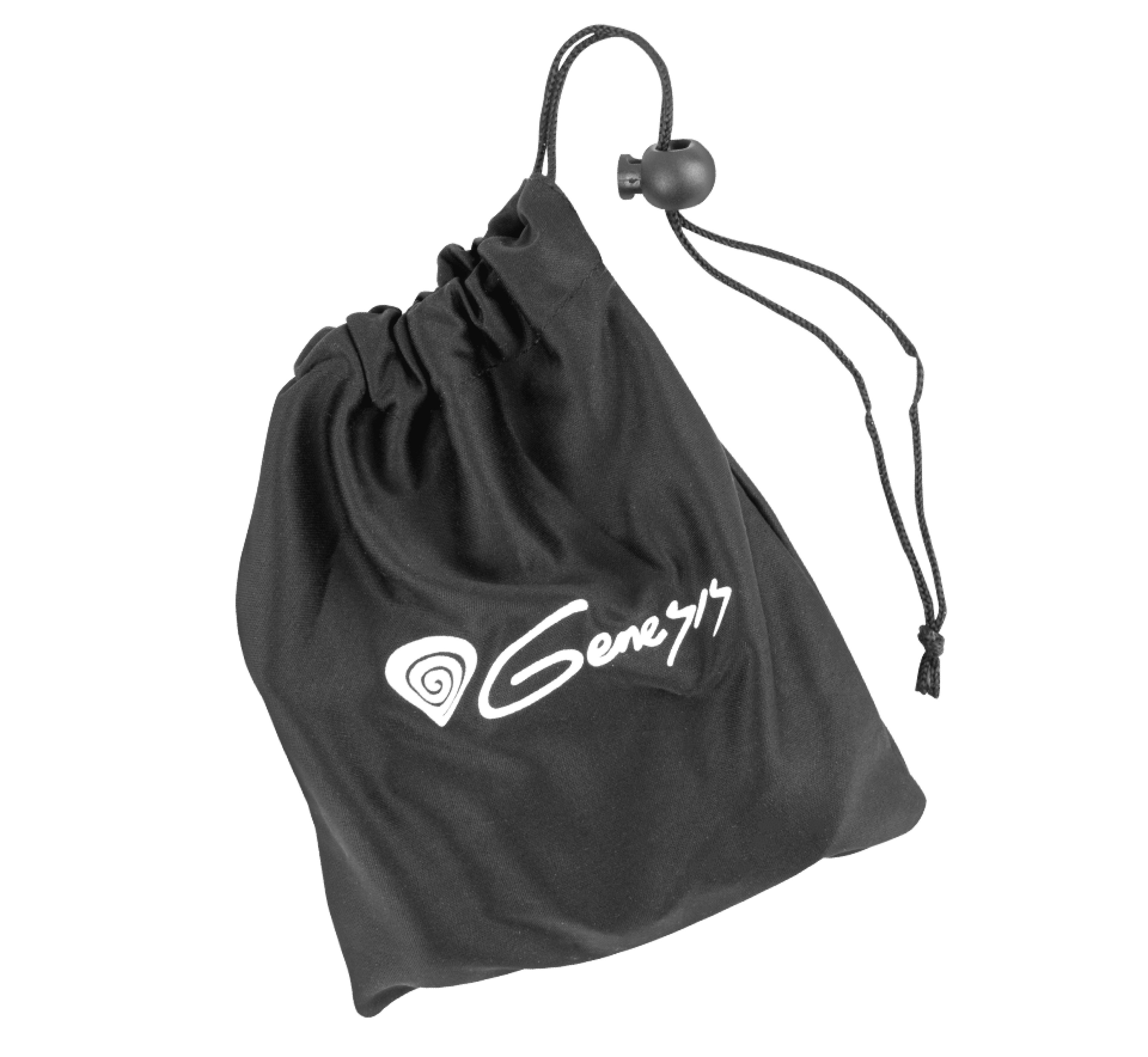 Black drawstring pouch with a white logo and a cord lock at the top.