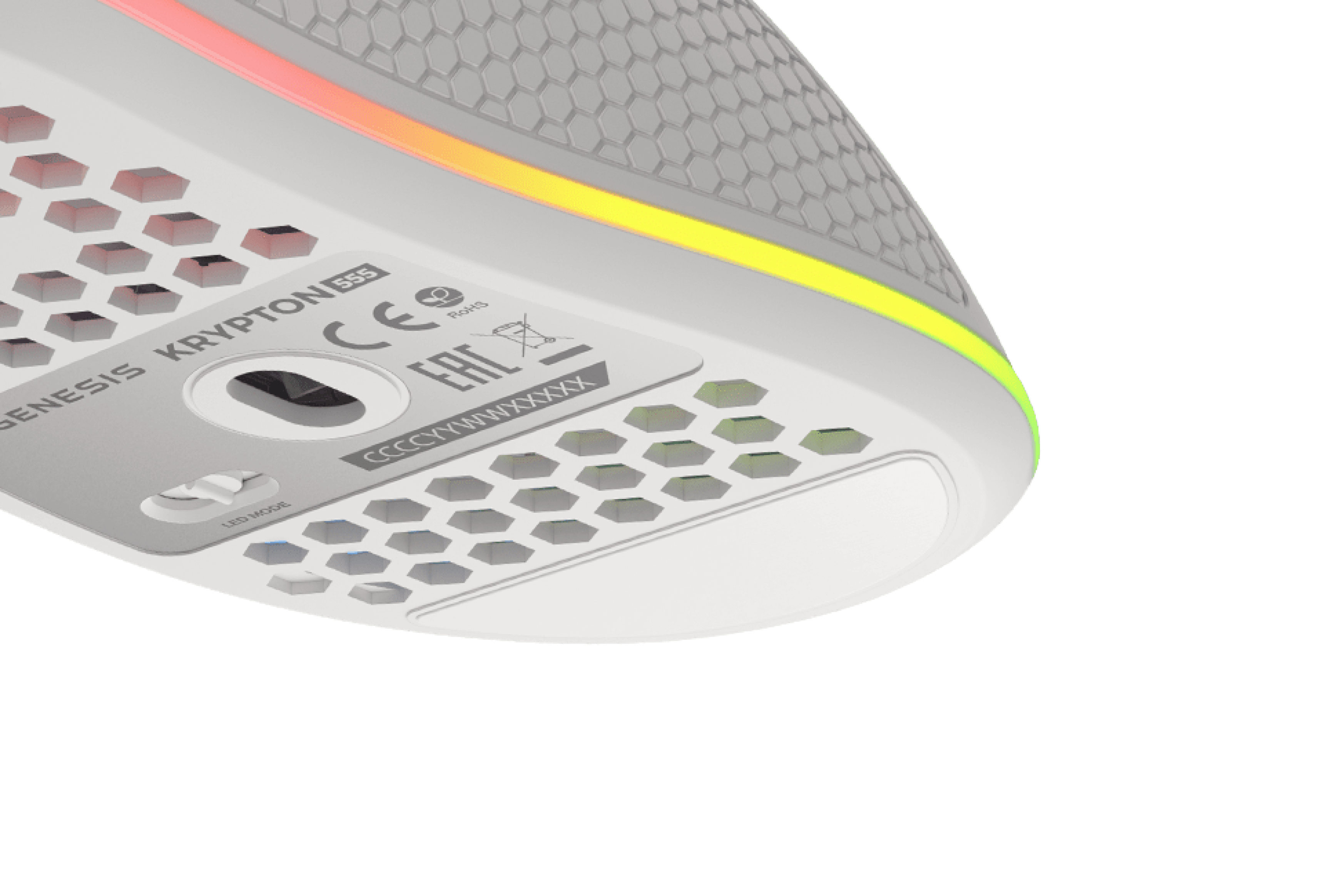 Close-up of the underside of the Genesis Krypton 555 gaming mouse, featuring RGB lighting and honeycomb pattern design