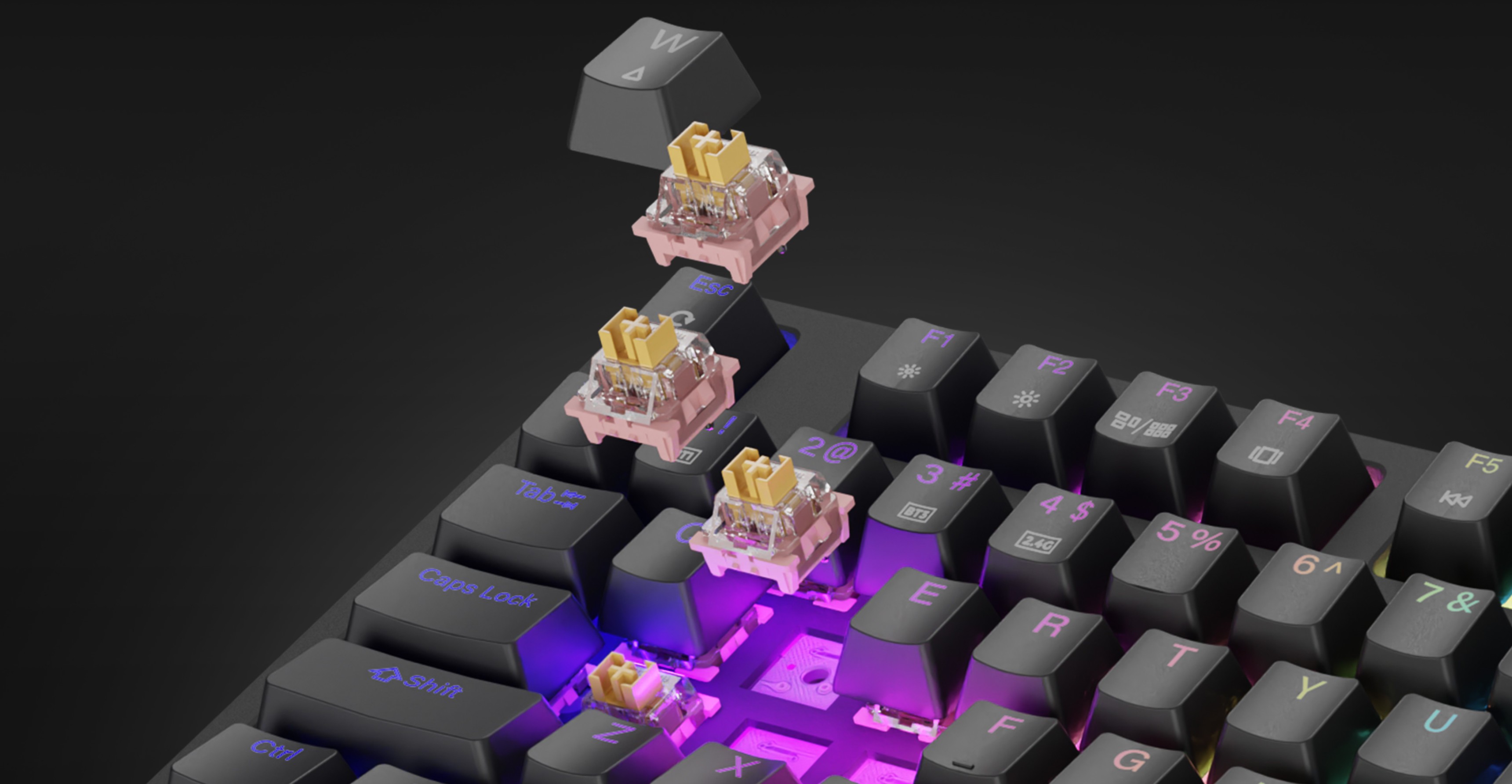 Wireless mechanical gaming keyboard featuring Outemu switches, RGB backlighting, and a compact TKL design with keycaps removed