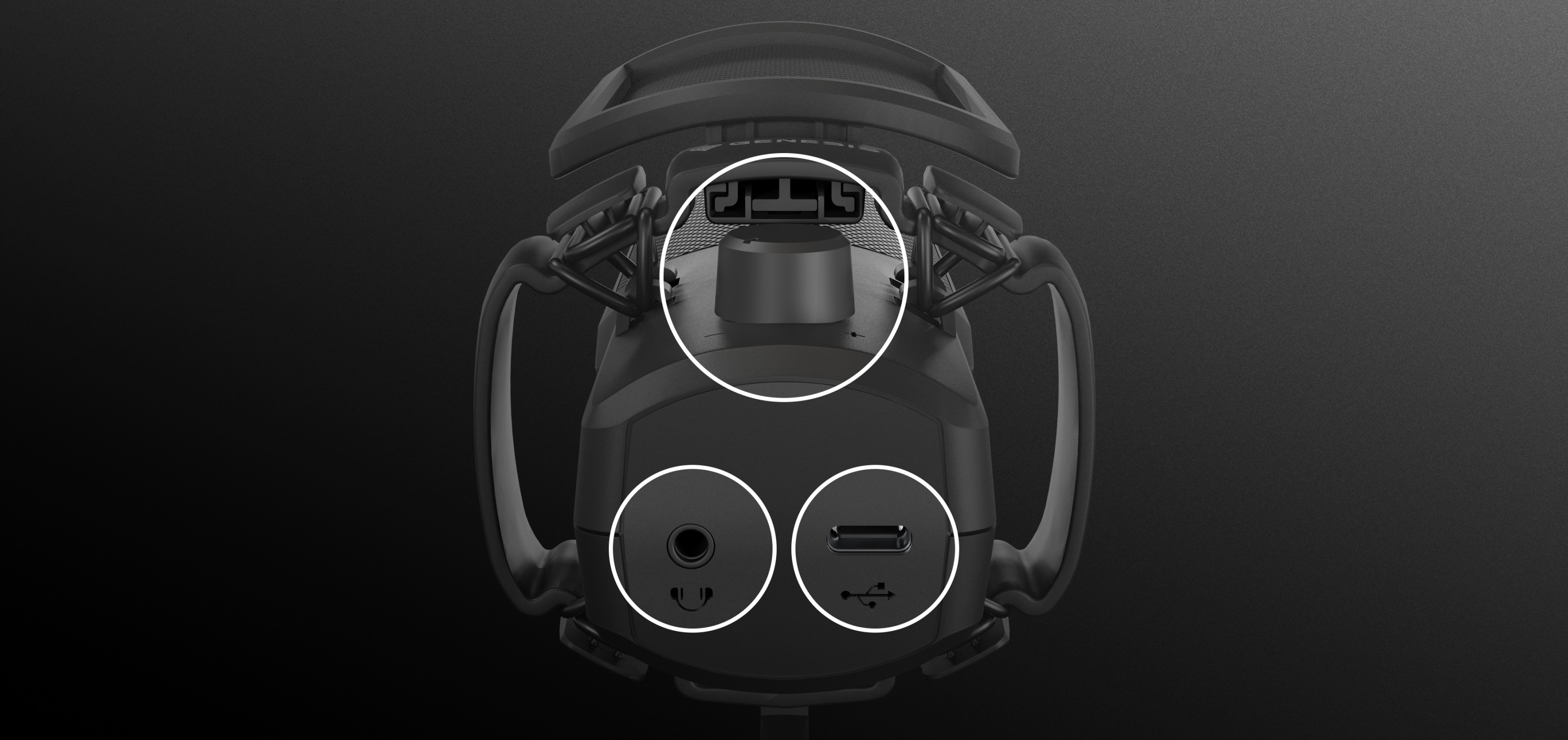 Close-up view of the bottom of the Genesis Radium 250 USB microphone, showing connection ports including USB and audio output