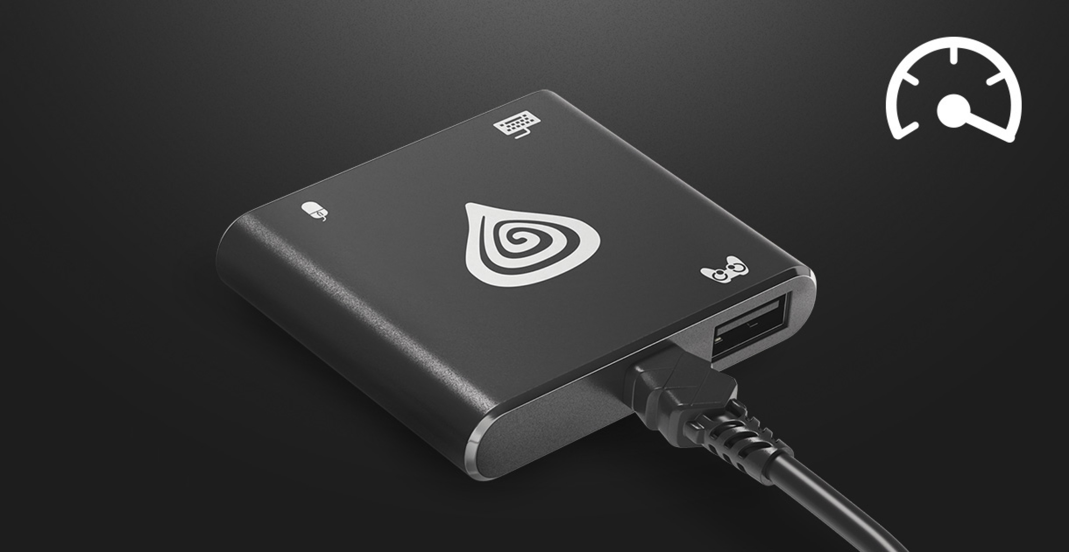 Compact device with a connection cable and a swirl design on the surface.
