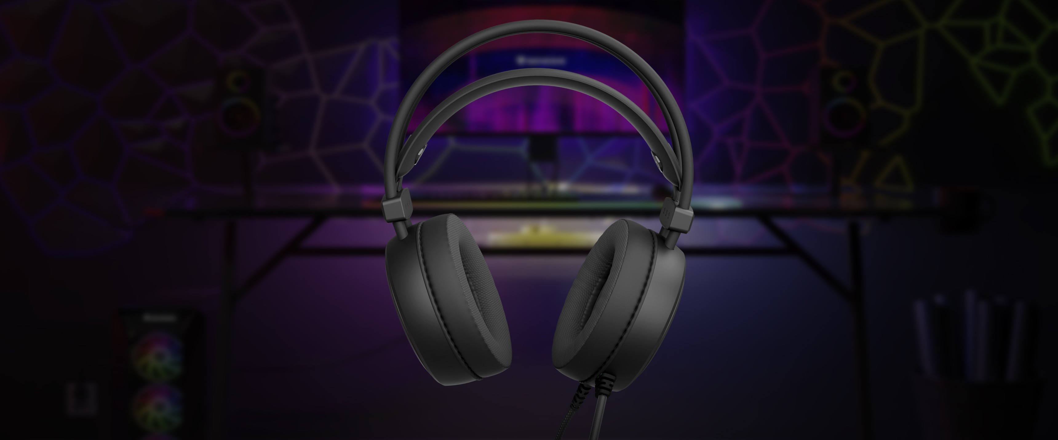 Black Genesis Neon 613 G2 RGB over-ear headphones with a microphone, set against a colorful gaming backdrop