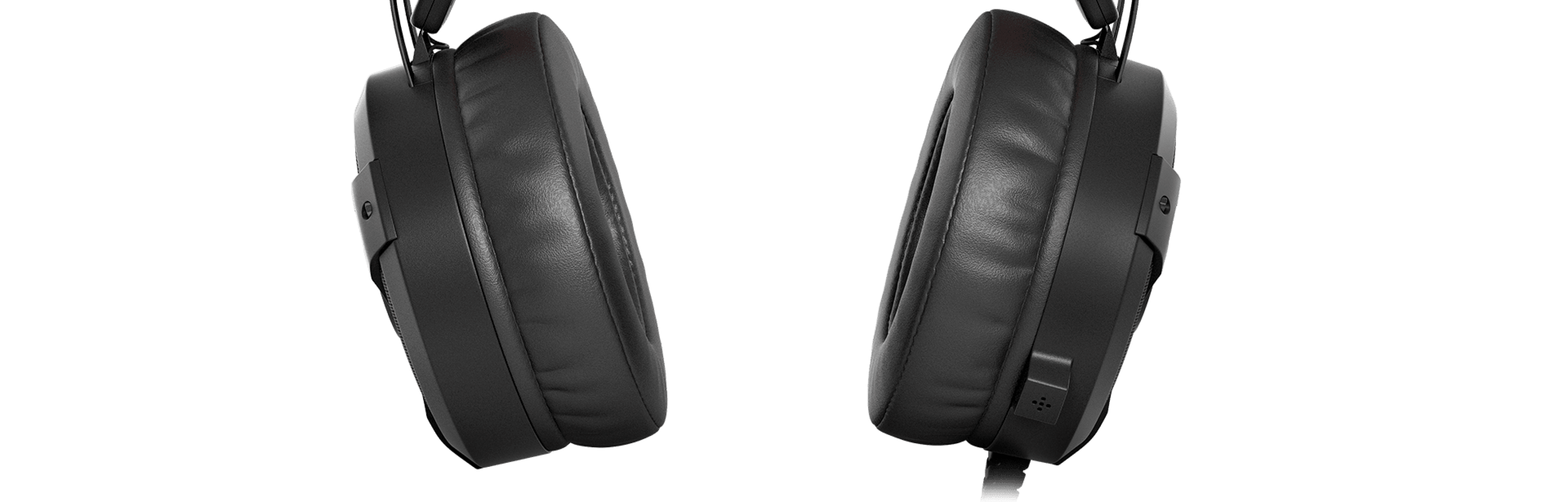 Black and red Genesis Neon 360 over-ear headphones with a microphone and illuminated design, viewed from the side