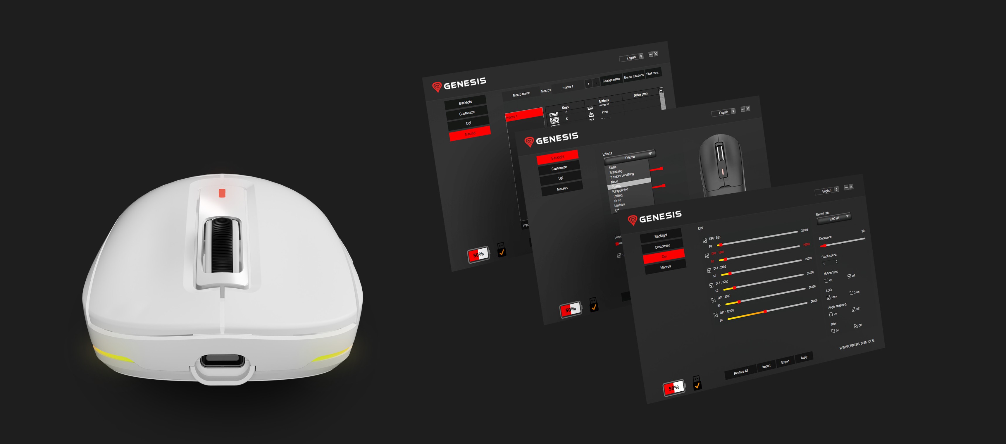 Wireless gaming mouse Genesis Zircon 660 Pro in white with DPI settings displayed on a black interface background