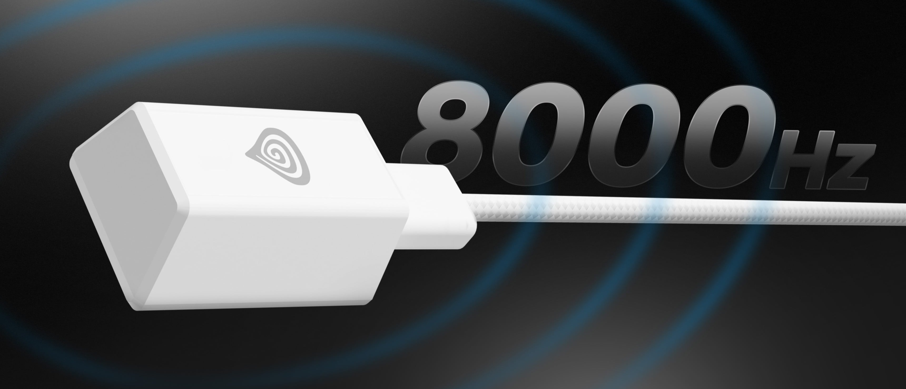 White device with a connection cable and a logo, surrounded by curved lines.