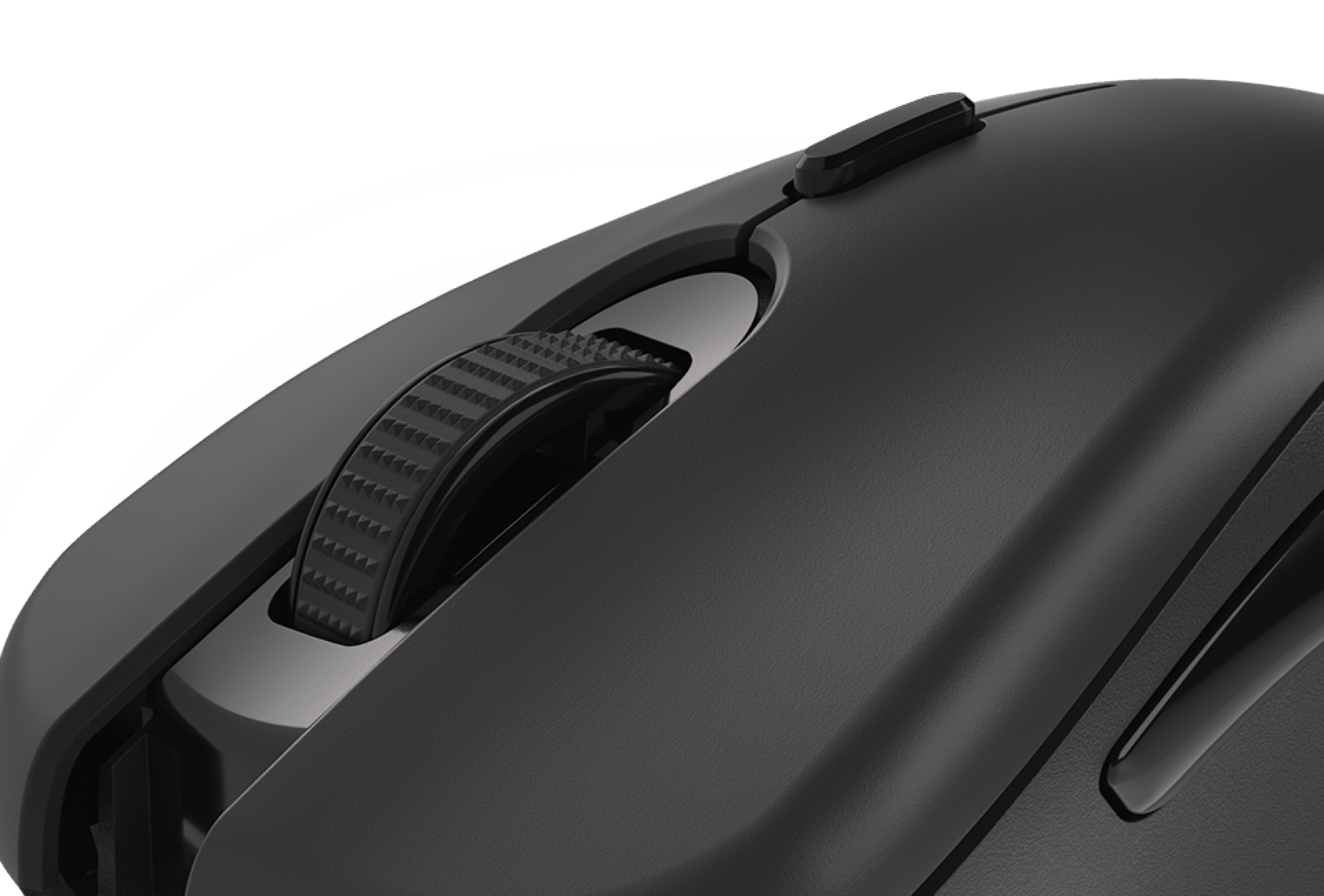Close-up of the Genesis Krypton 200 gaming mouse featuring a textured scroll wheel and a smooth black finish