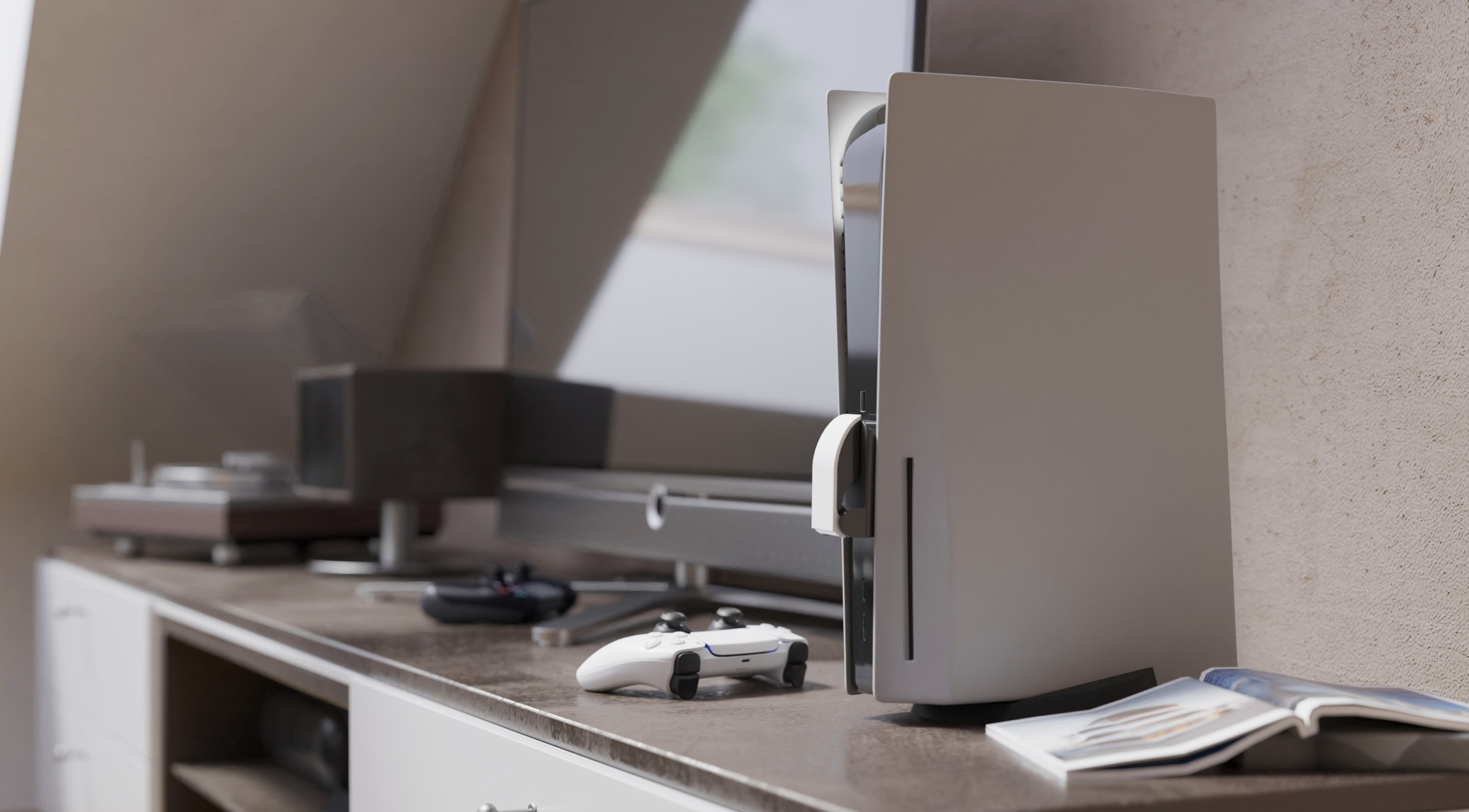 Charger for Genesis Tin 300 dual controller charging dock for PS5, displayed on a modern entertainment center