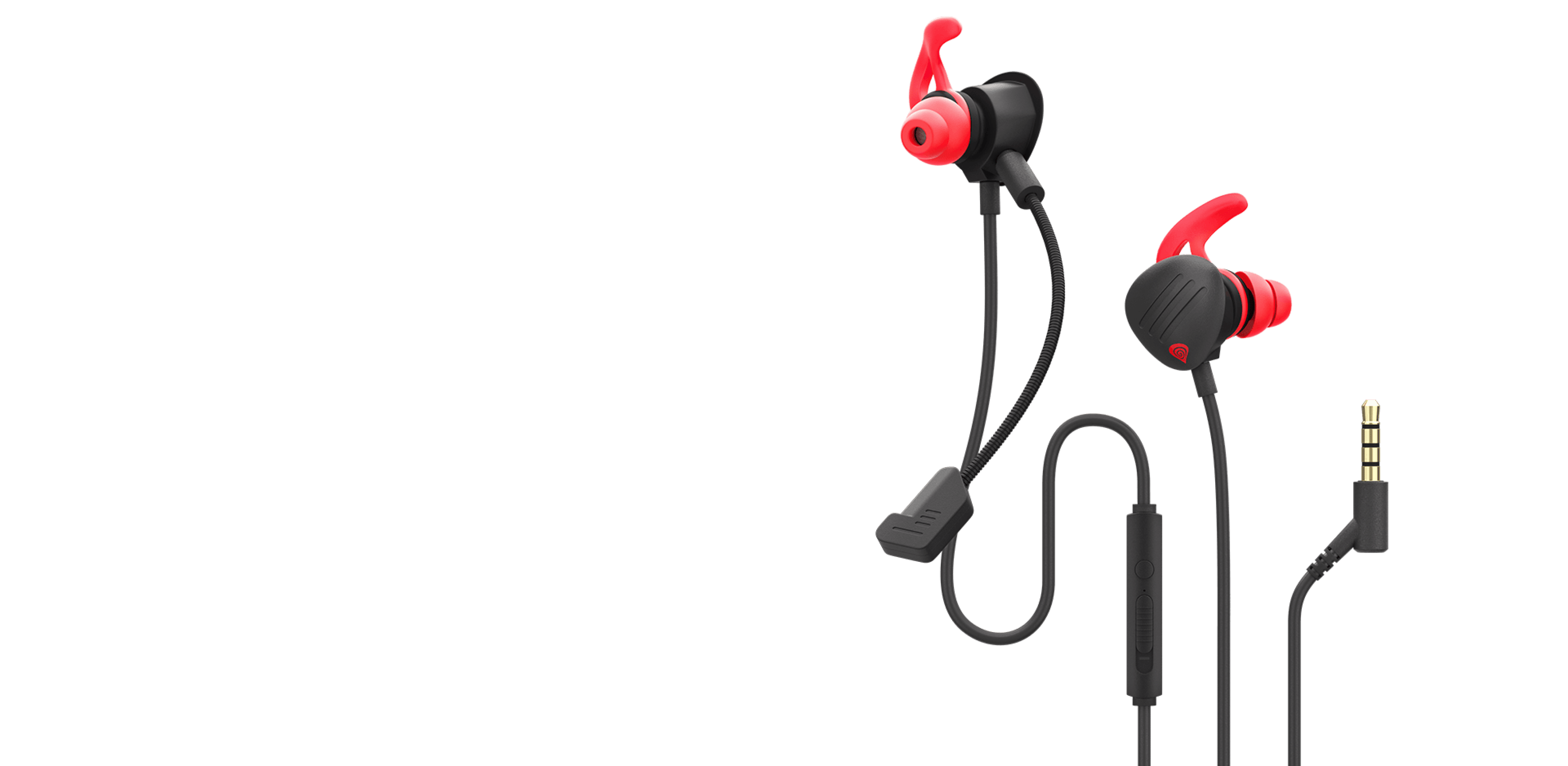 Wired earphones with red accents and a control button on the cable.