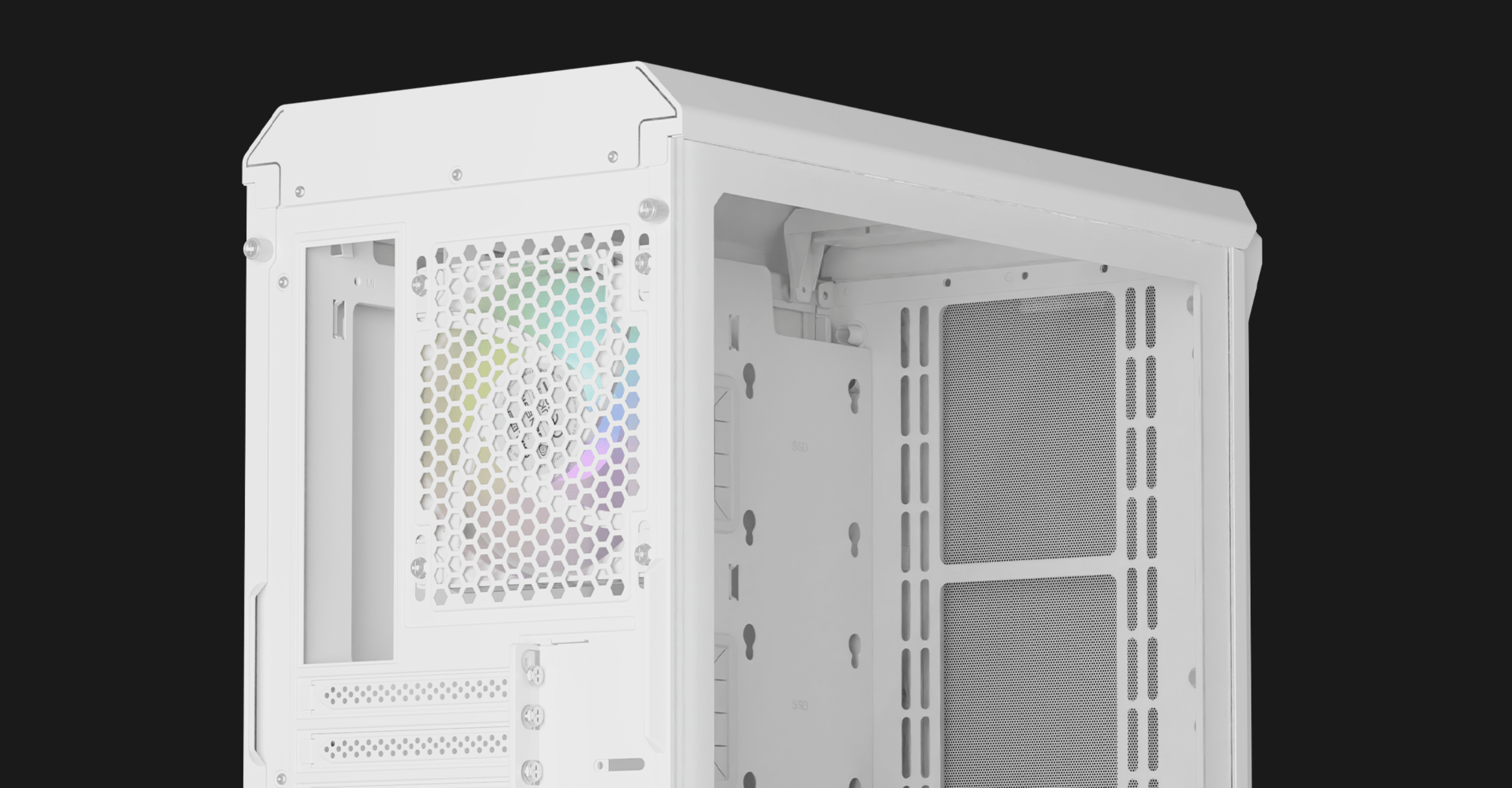 White MATX mini tower PC case with a side window and ARGB fan, featuring a sleek design and mesh ventilation