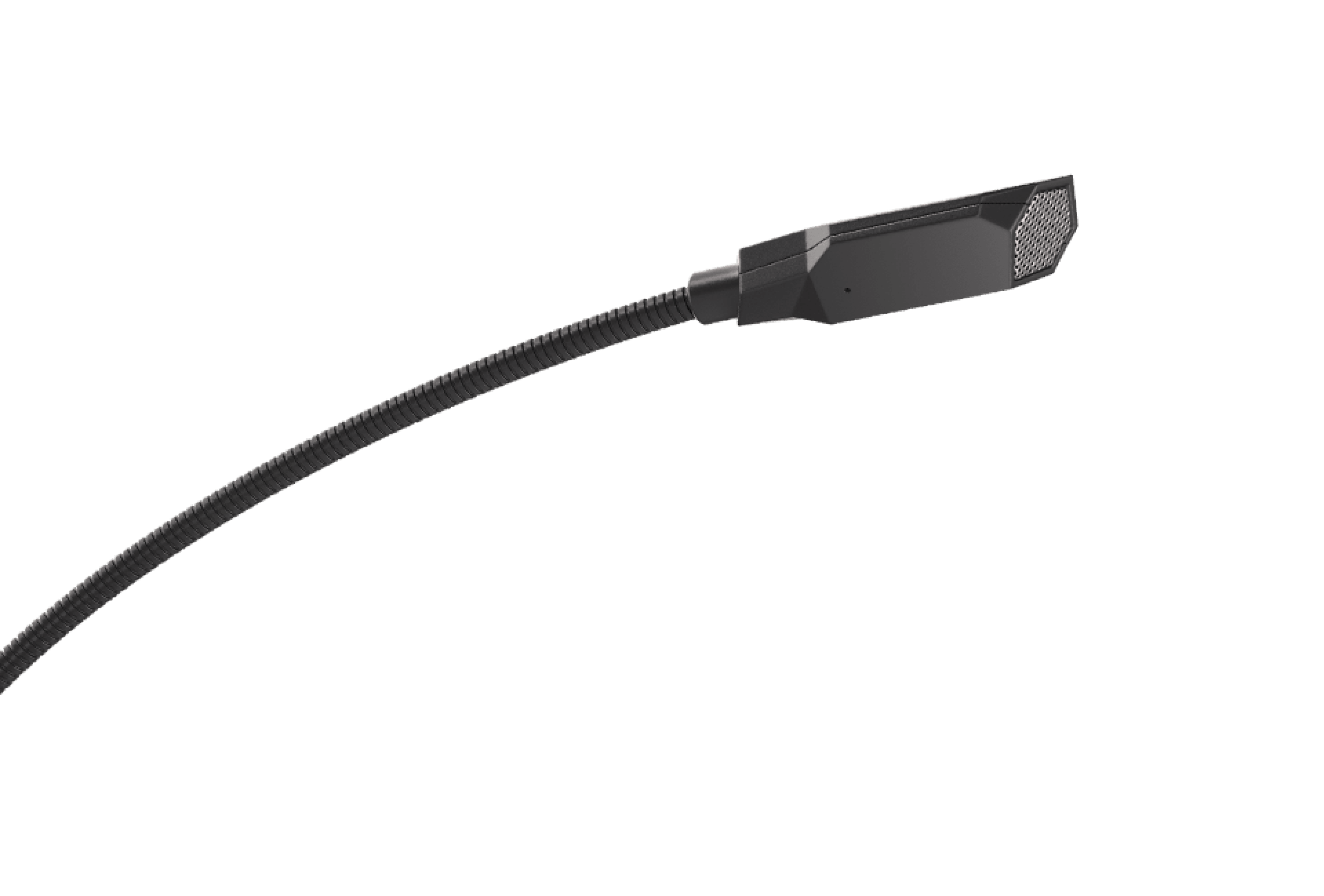Black microphone with a flexible arm and a mesh grille for sound capture, designed for high-quality audio recording
