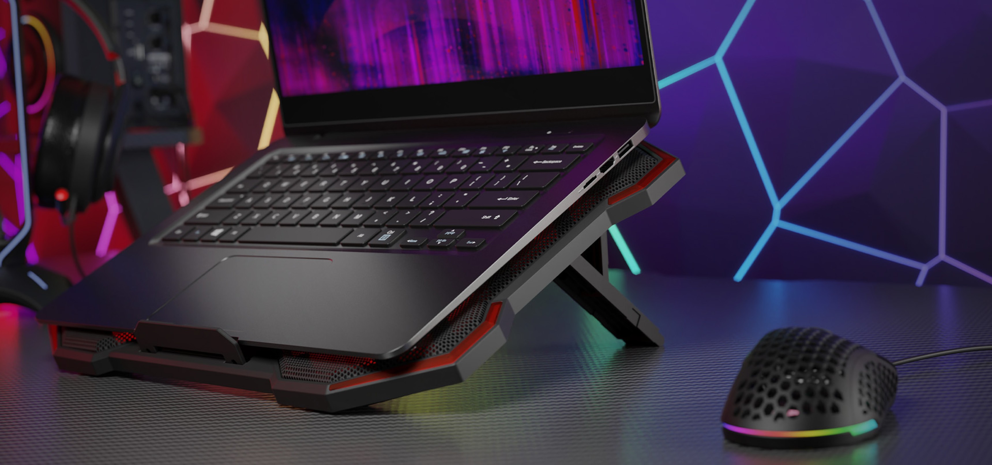 Laptop cooling pad Genesis Oxid 260 with four fans, LED lighting, and two USB ports, supporting 15.6-17.3" laptops