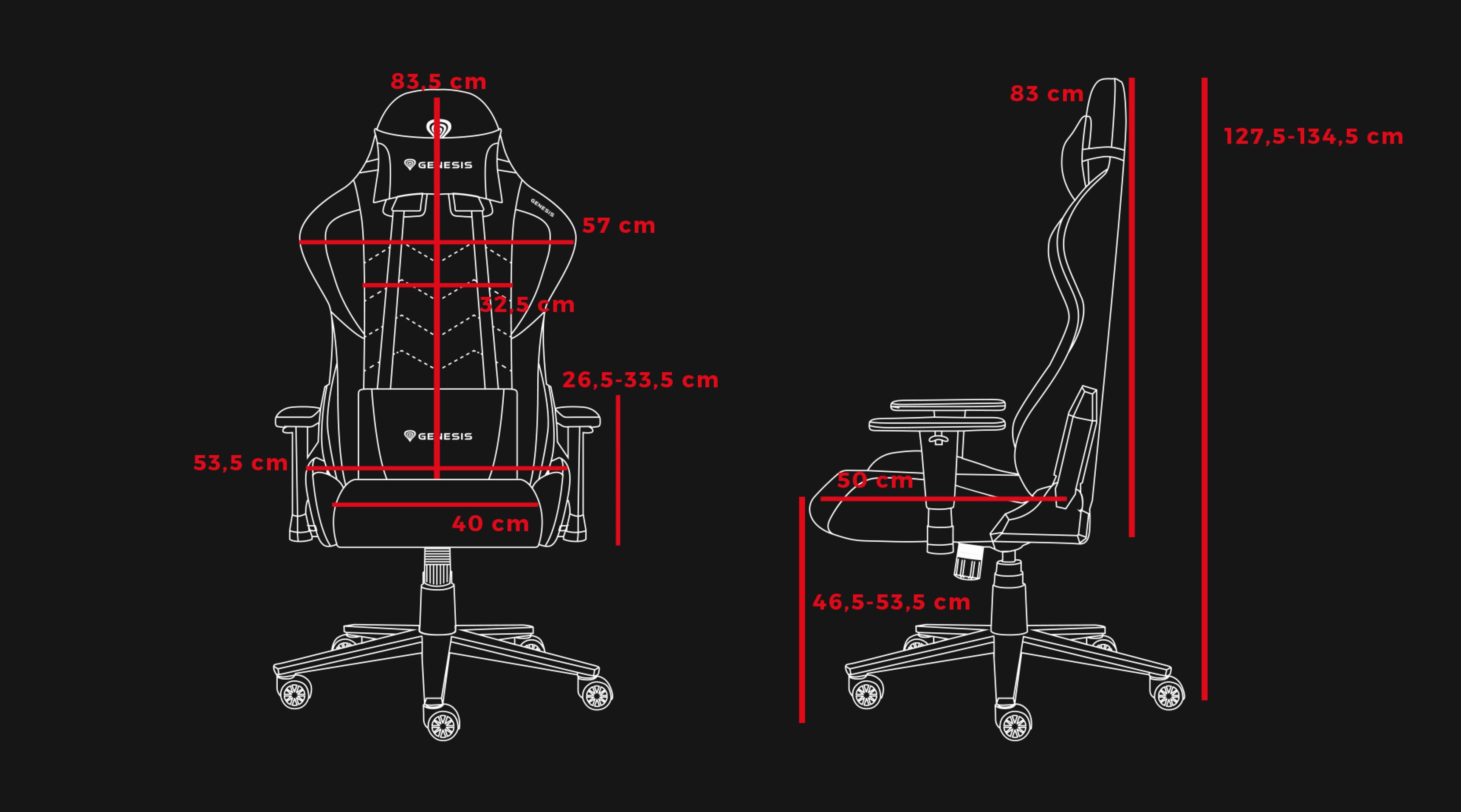 Dimensions and design outline of the Genesis Nitro 550 G2 black gaming chair, featuring various height measurements