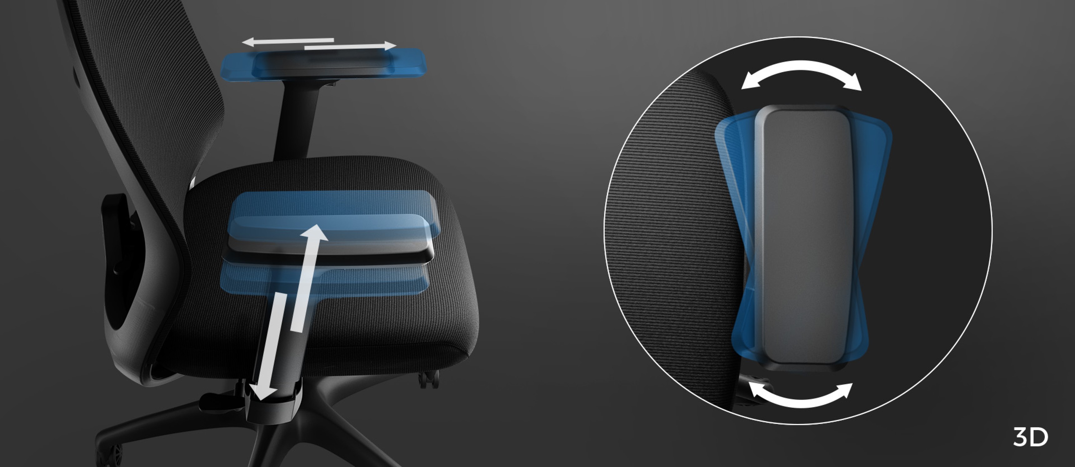 Ergonomic black chair with adjustable armrests, featuring a 3D view showing armrest movement options