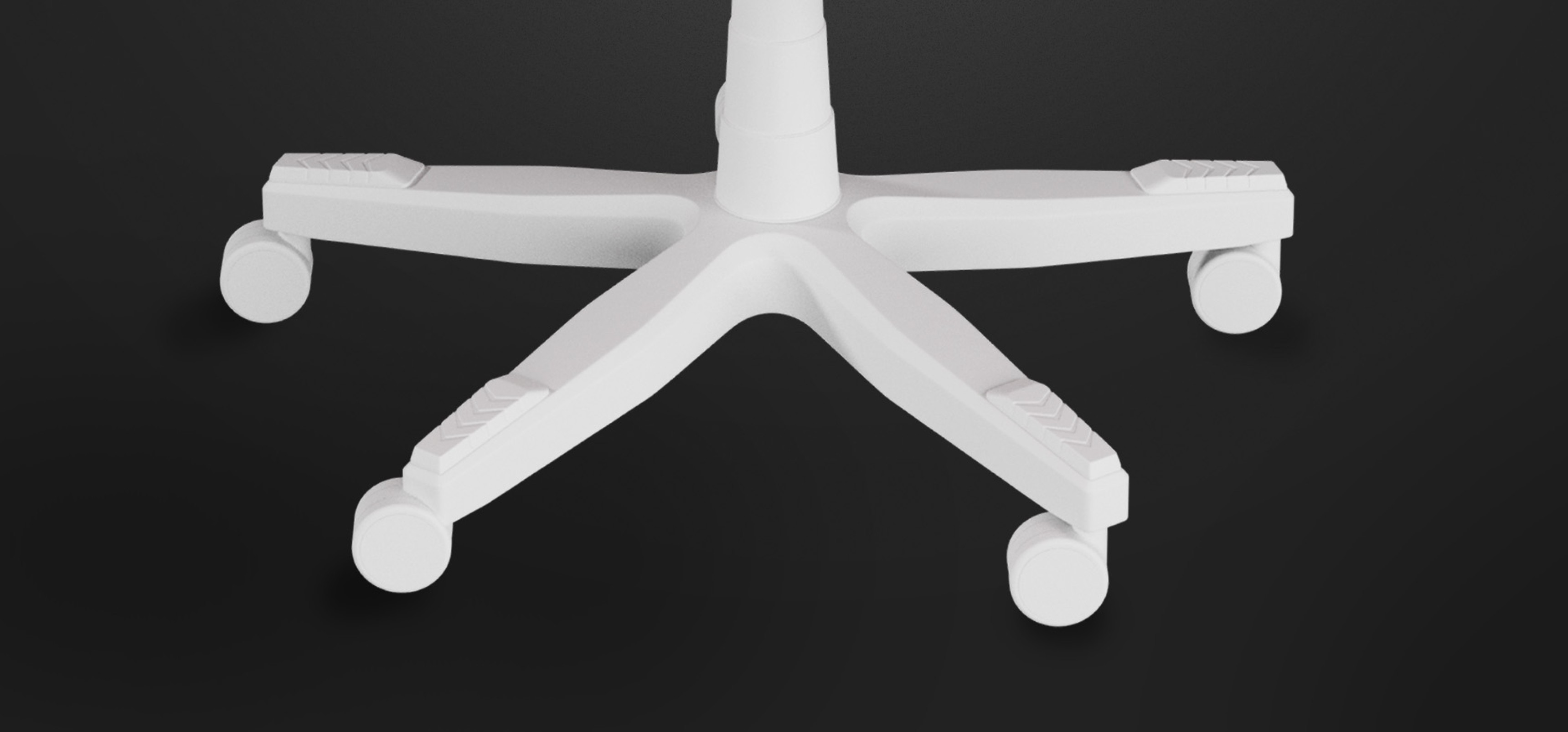 White base of a gaming chair featuring five wheels and a central support, designed for smooth mobility