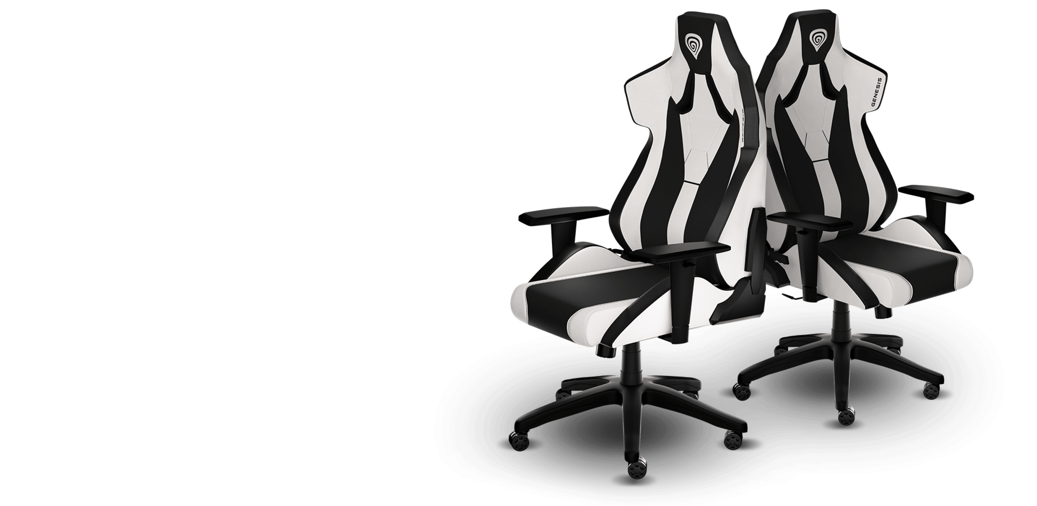 Two gaming chairs with a black and white design, featuring high backs and armrests.