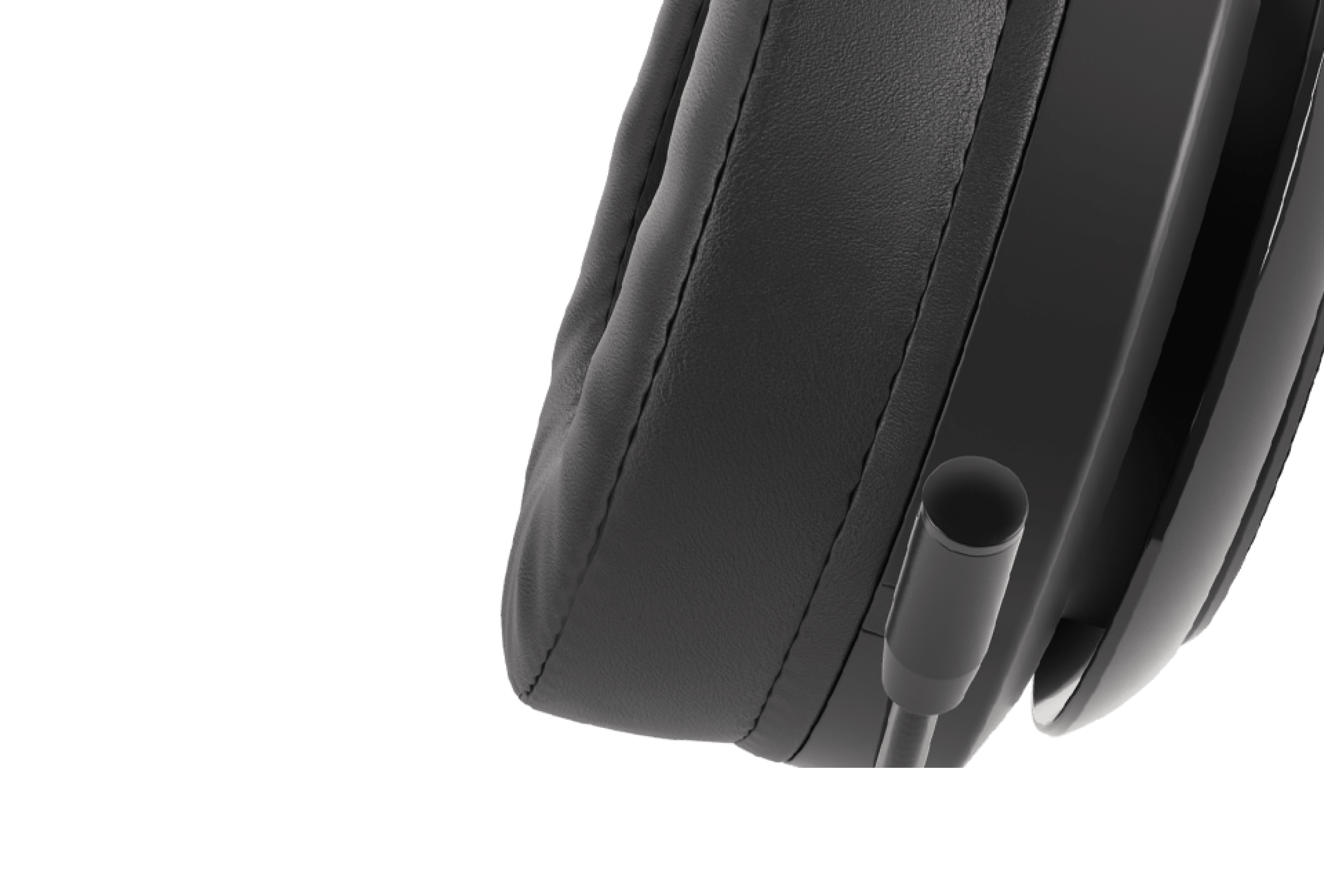 Black and red wireless over-ear headphones with a microphone, showing ear cushion and connection port