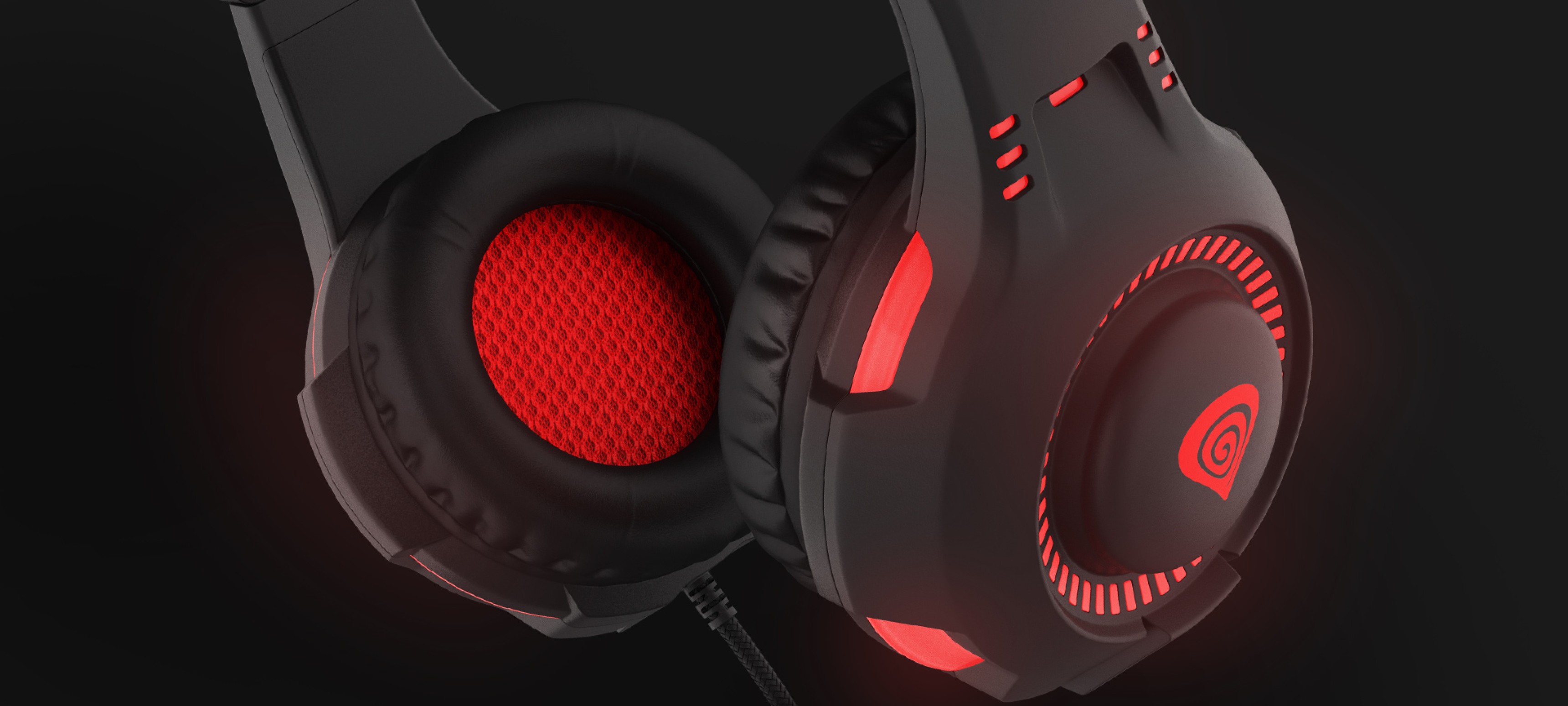 Black and red Genesis Radon 210 7.1 USB gaming headphones with a microphone and illuminated elements