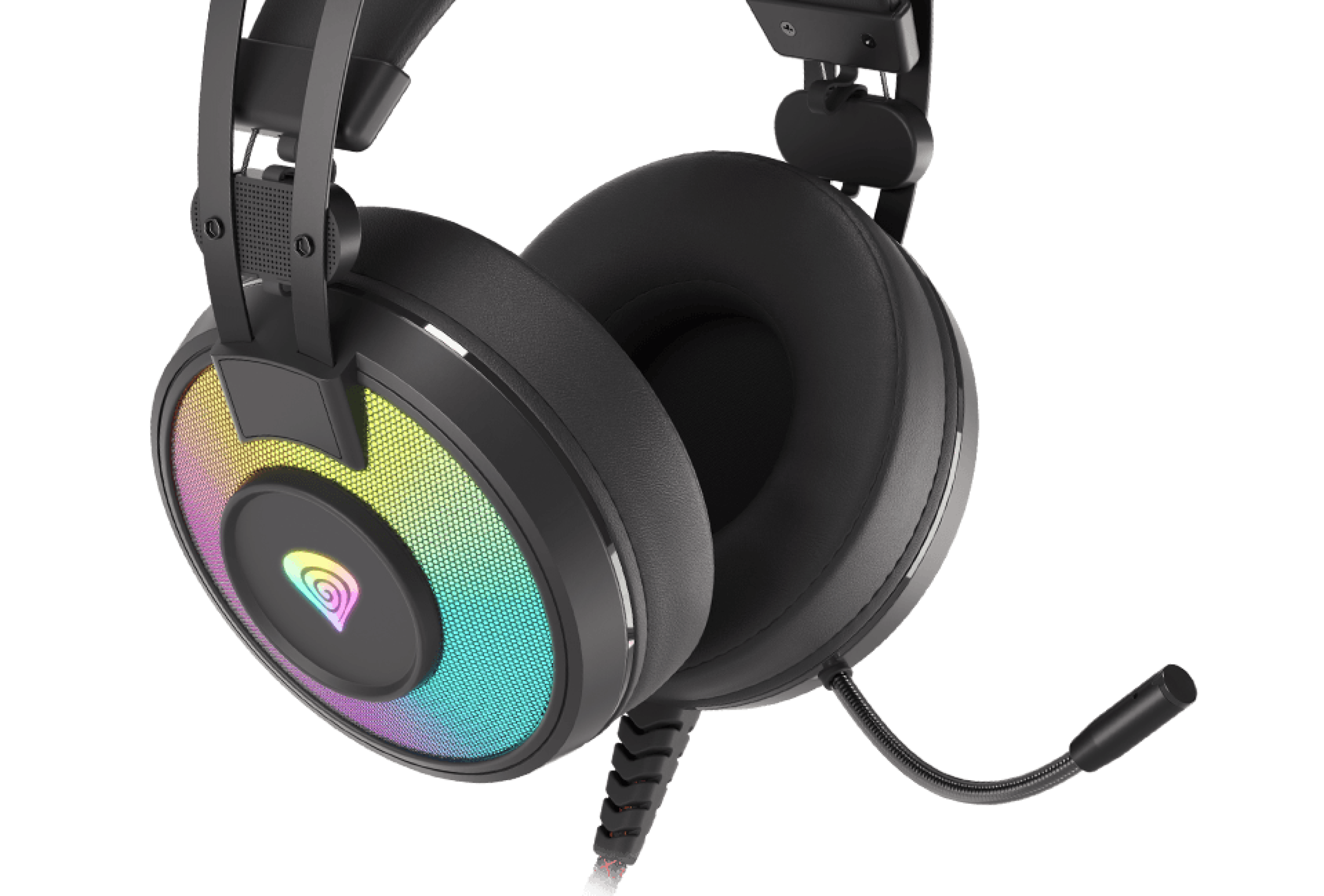 Black headphones with colorful lighting and a detachable microphone attached to one side.