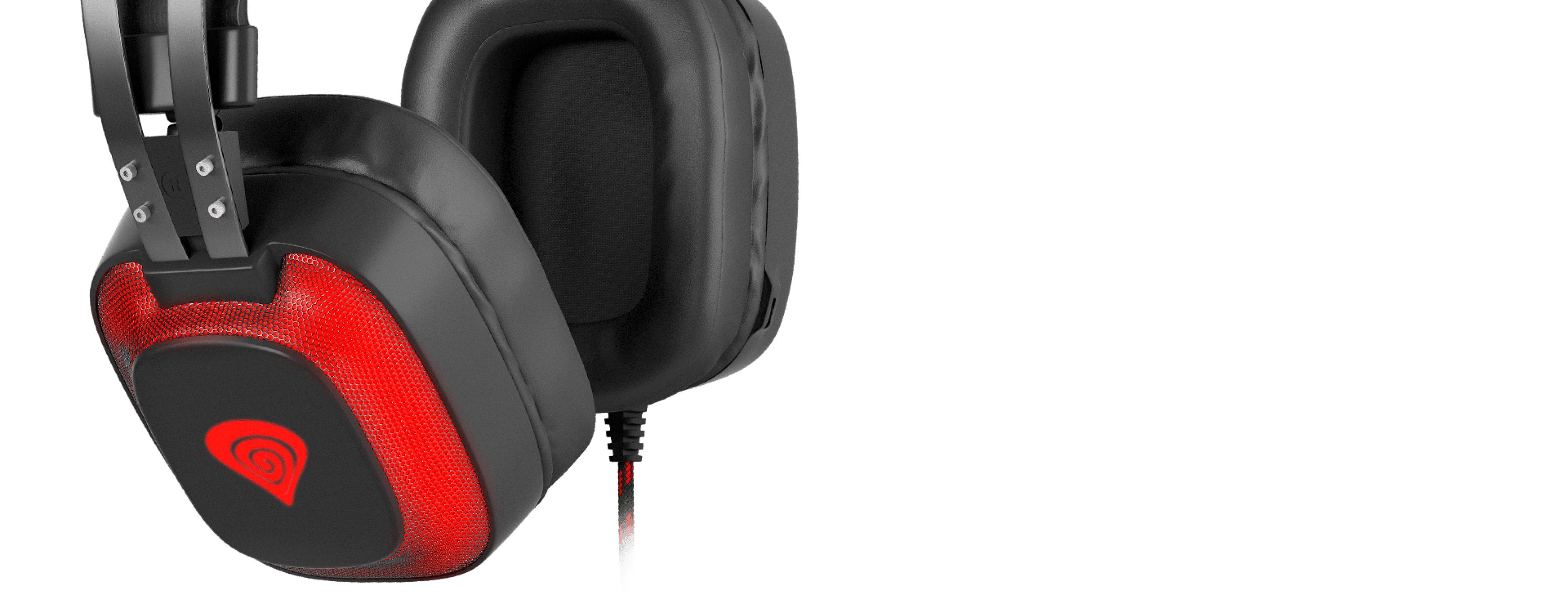 Black and red over-ear headphones with a 7.1 surround sound feature and a built-in microphone, designed for gaming